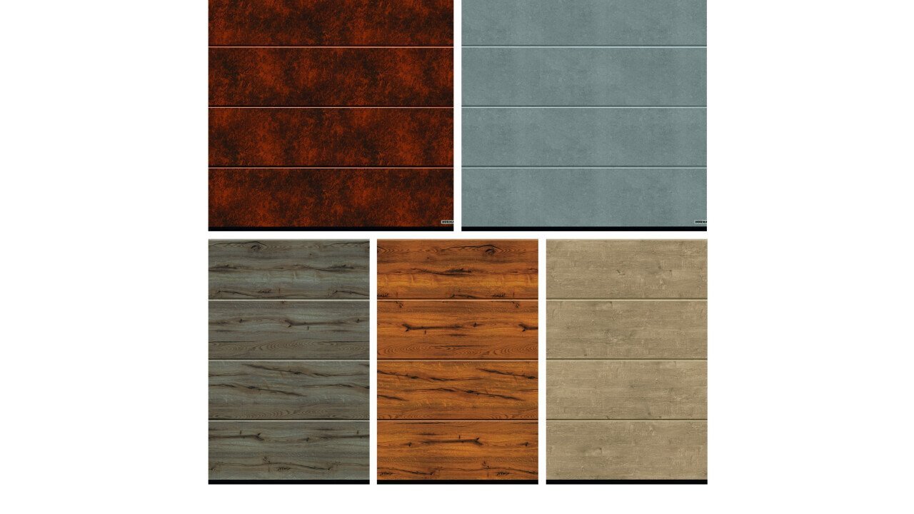 Les nouveaux décors (de g. à dr.): rusty patin, ciment, bois de grange gris, bois de grange et  chêne sauvage.