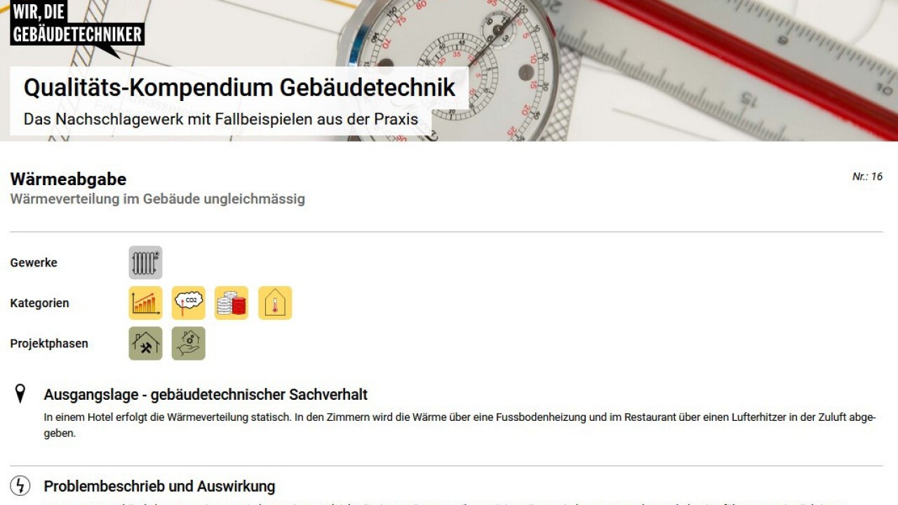 Dieses Fallbeispiel aus dem Qualitäts-Kompendium Gebäudetechnik behandelt die ungleichmässige Wärmeverteilung in einem Gebäude. Erläutert werden die Ausgangslage, also der gebäudetechnische Sachverhalt, sowie Problem und Auswirkung… (Bild: Screenshot)