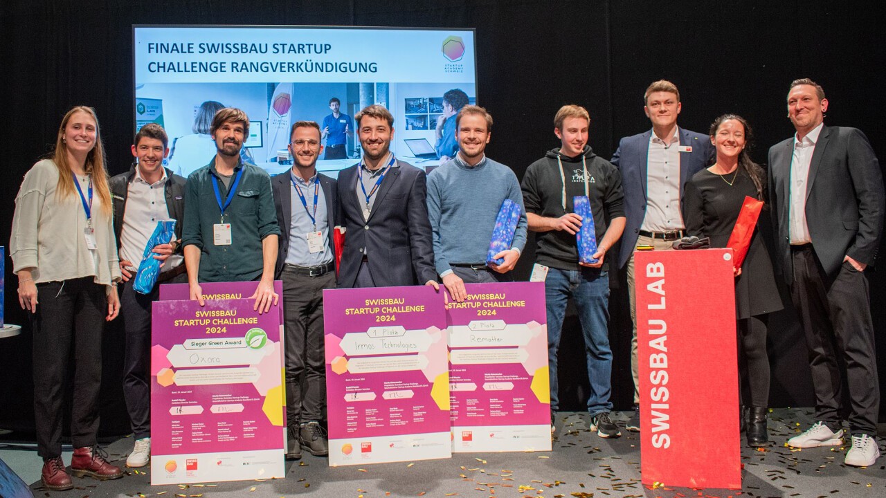 Die Finalist:innen der Swissbau Startup Challenge 2024 (v.l.n.r.): SeasonCell, Urstamm, Oxara, Irmos Technologies, Rematter, TALPA Inspection und Ineexa