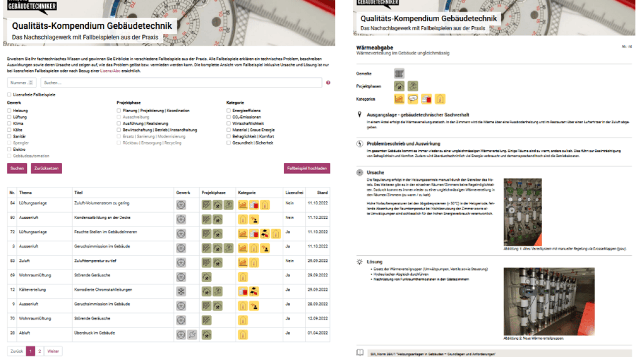 Das Qualitäts-Kompendium Gebäudetechnik umfasst Fallbeispiele aus der Praxis. Sie lassen sich nach Gewerken, Projektphasen und Kategorien filtern. (Bild: Screenshot)