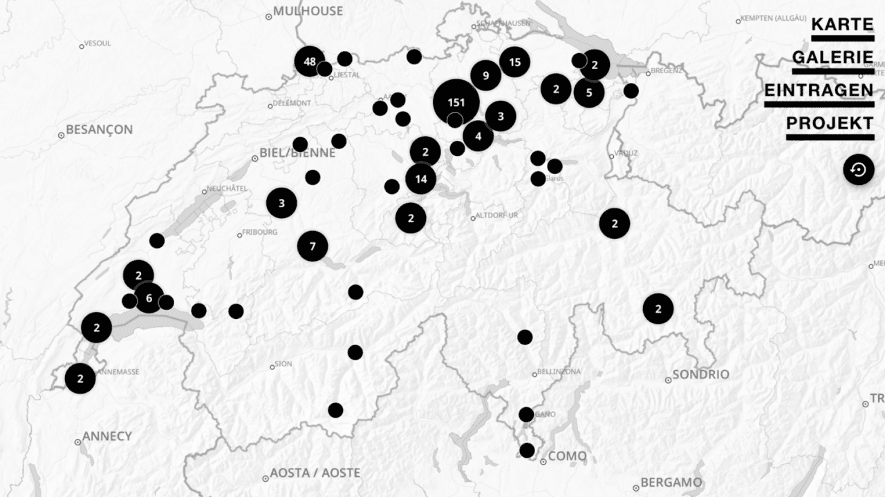 In der Schweiz werden über 500 kg verbaute Masse pro Sekunde abgerissen. Der Abriss-Atlas Schweiz sammelt Gebäude, die von einem Abbruch bedroht sind. (Screenshot: Countdown 2030)