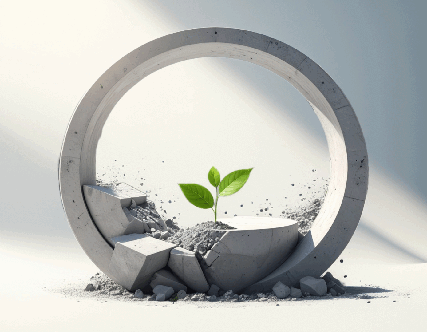 Eine kleine grüne Pflanze sprießt aus dem rissigen Beton im Inneren einer runden Steinstruktur und symbolisiert Wachstum und Widerstandsfähigkeit inmitten rauer Bedingungen. Weiches Licht beleuchtet die Szene vor einem neutralen Hintergrund.