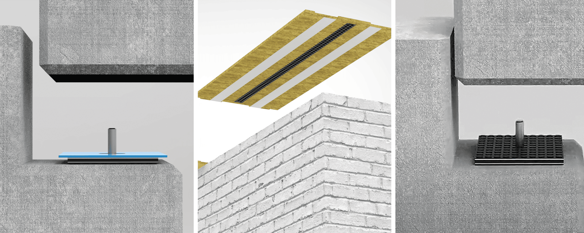 Trois diagrammes de construction montrent différents composants structurels : Sur les images de gauche et de droite, des plots et des boulons sont montés entre des blocs de béton ; l'image du milieu montre l'isolation et des bandes métalliques au-dessus d'un mur de briques.