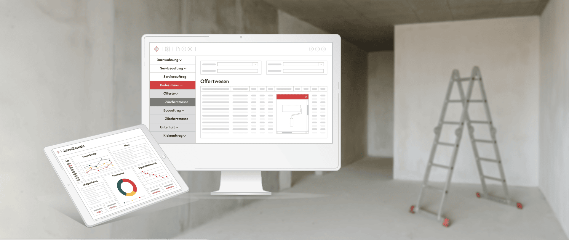 Un écran d'ordinateur et une tablette affichent un logiciel de gestion de la construction avec des graphiques et des tableaux. À l'arrière-plan, une pièce inachevée avec des murs nus et un escabeau.