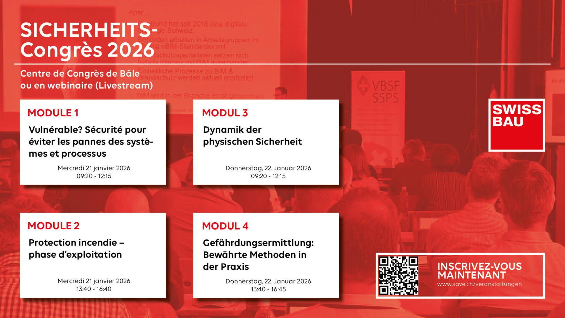 Affiche promotionnelle rouge et blanche pour le Congrès de la sécurité de Swissbau 2026 à Bâle, énumérant quatre modules de séminaires et des détails, avec des informations sur l'inscription et un public flou à l'arrière-plan.
