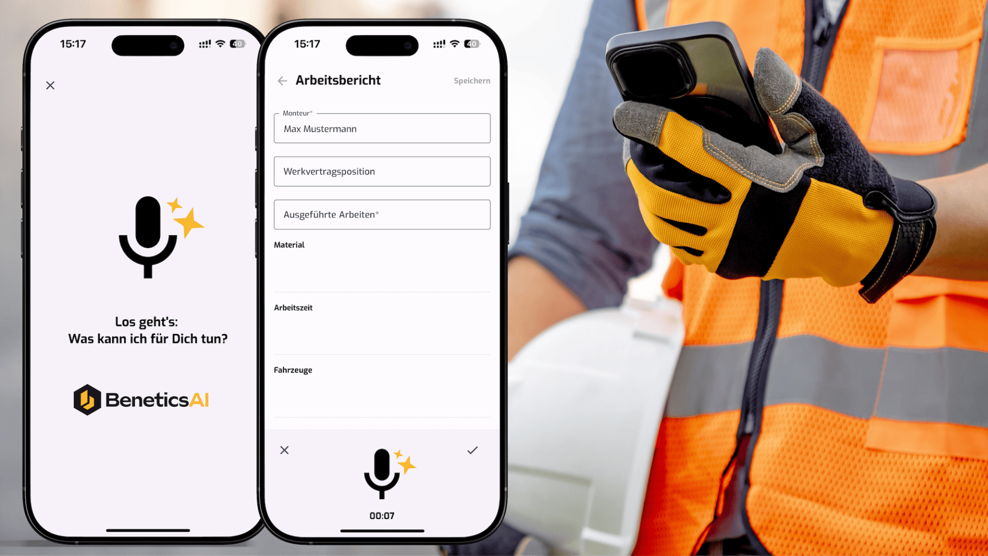 Zwei Smartphones zeigen eine deutsche Voice-to-Text-App für Arbeitsberichte von BeneticsAI an. Daneben telefoniert ein Bauarbeiter in Schutzkleidung und hält einen weißen Helm unter einem Arm.