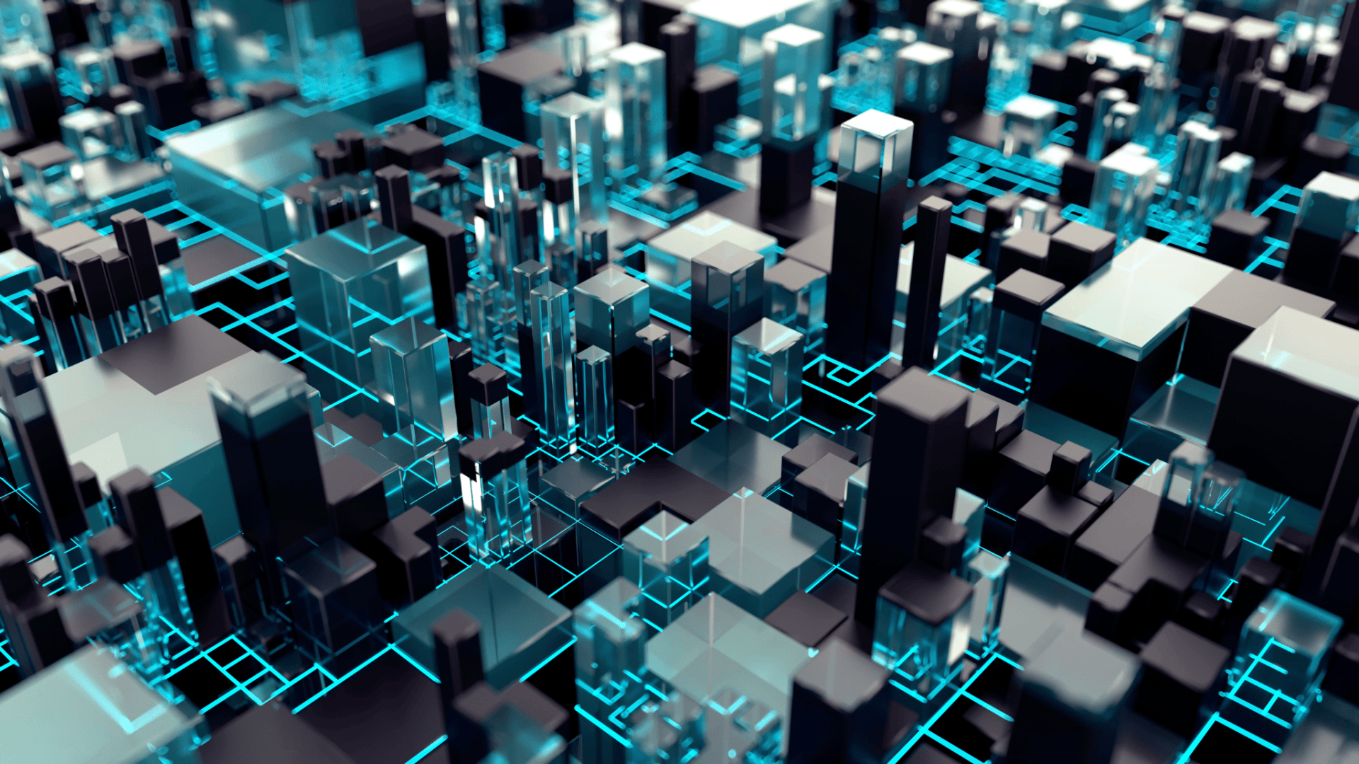 Eine futuristische 3D-Stadtlandschaft aus transparenten und dunklen geometrischen Blöcken, die durch leuchtend blaue Gitterlinien verbunden sind und an eine digitale oder virtuelle Umgebung erinnern.