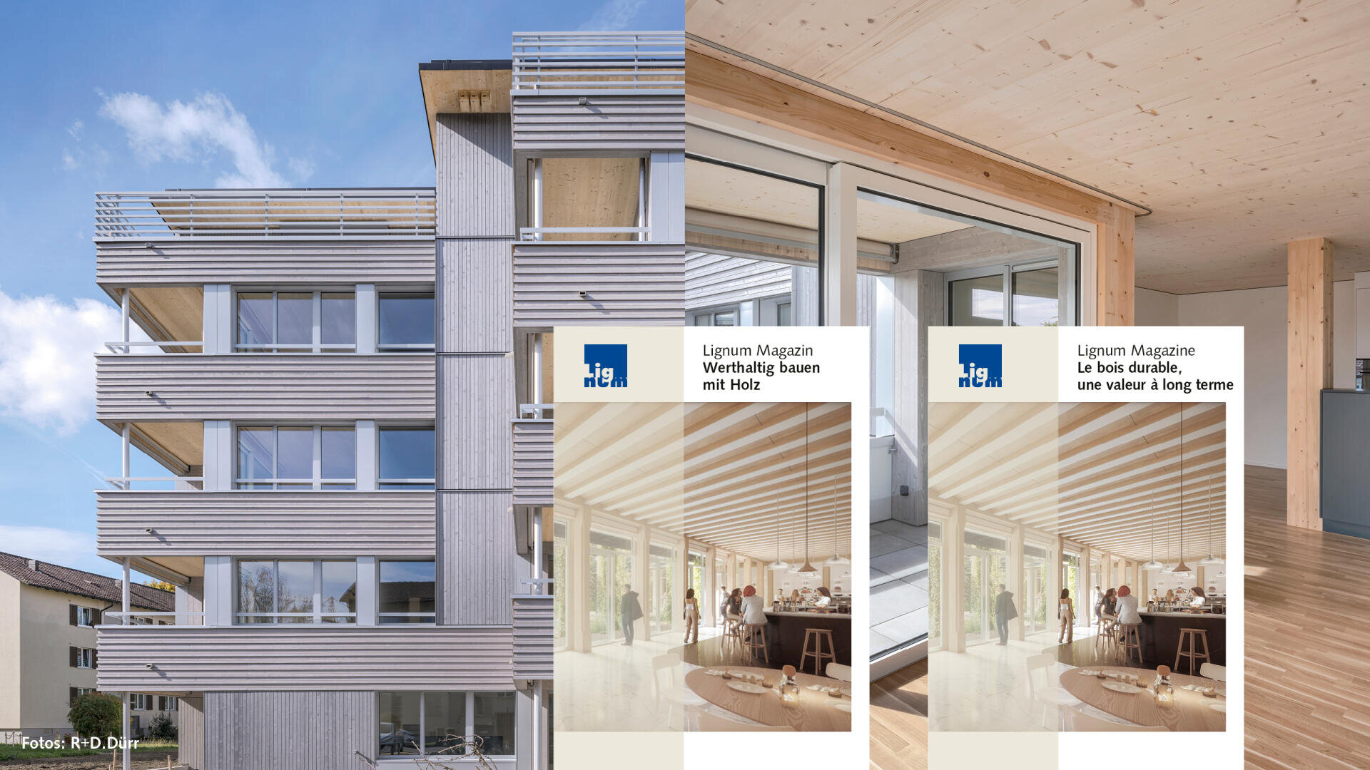 Auf der linken Seite ist ein modernes Wohnhaus aus Holz abgebildet; auf der rechten Seite zeigen zwei Zeitschriftencover helle Holzinterieurs und Menschen darin. Die Zeitschriften tragen den Titel "Lignum Magazine" auf Deutsch und Französisch.