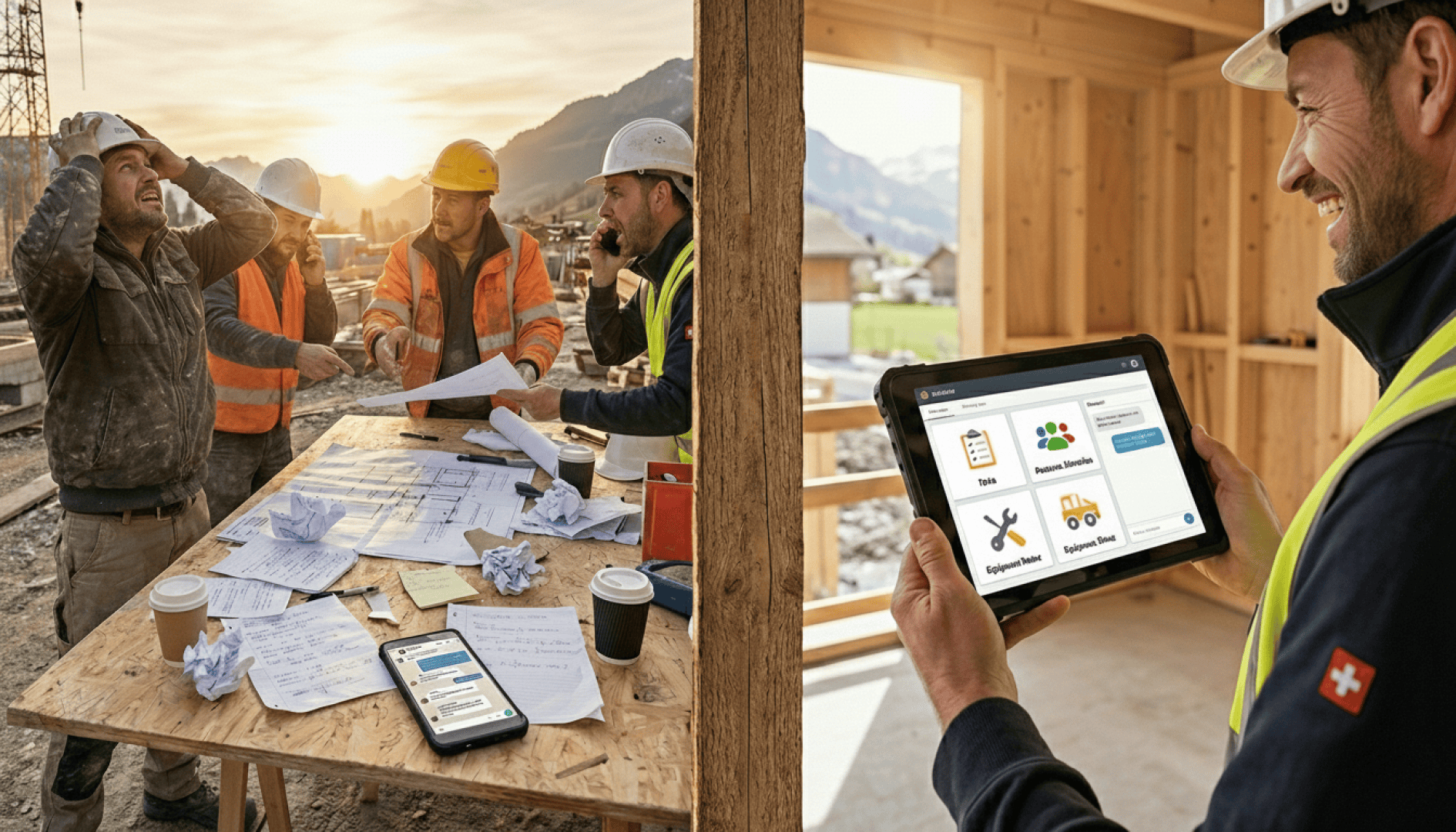 Vier Bauarbeiter prüfen draußen auf einer Baustelle Baupläne, während ein anderer Arbeiter drinnen ein Tablet mit einer Projektmanagement-Software in der Hand hält. Die Szene zeigt digitale Werkzeuge im Baugewerbe.