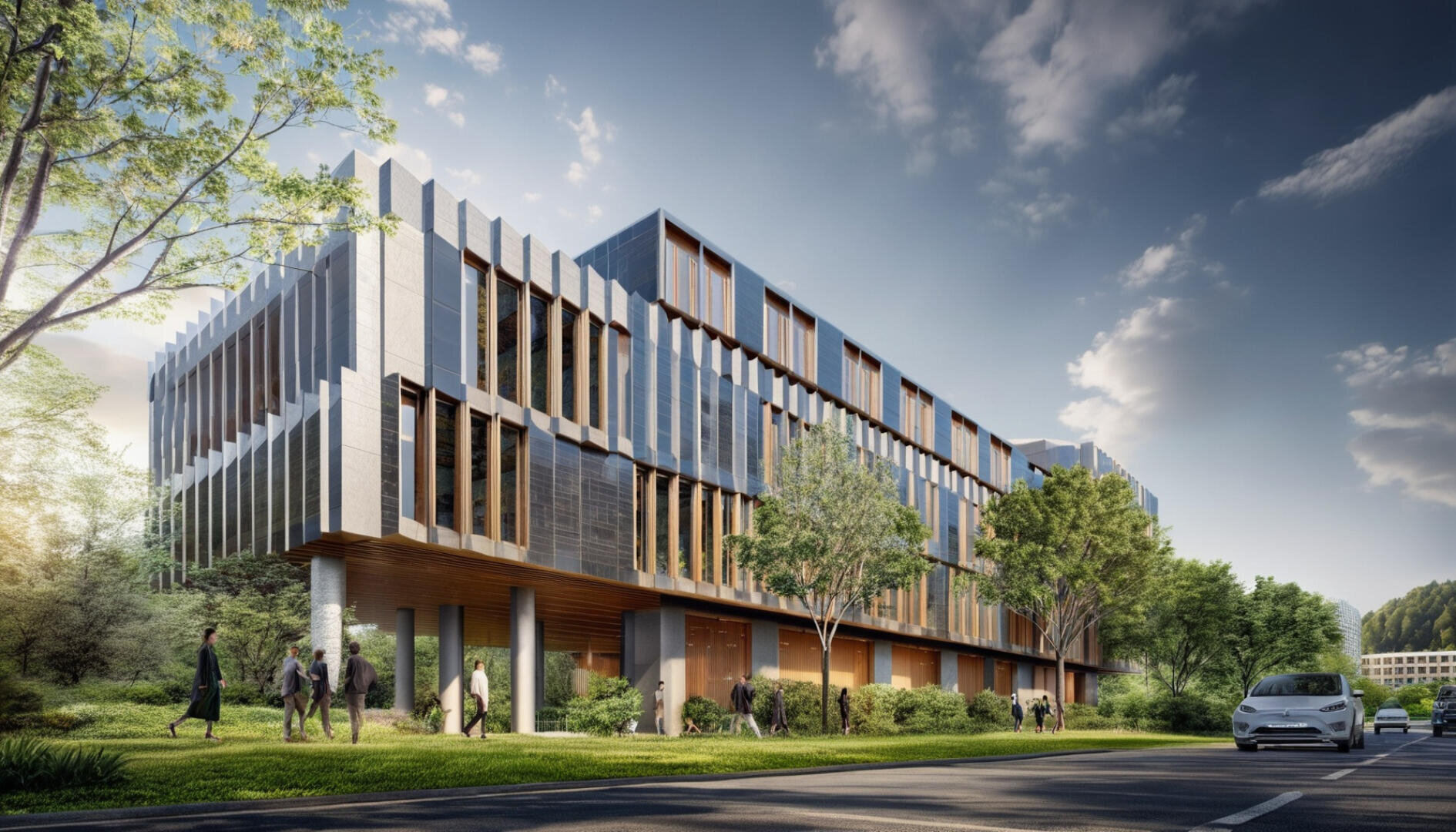 Ein modernes, mehrstöckiges Gebäude mit großen Fenstern und einer grünen Umgebung, Menschen, die in der Nähe spazieren gehen, und ein vorbeifahrendes Auto an einem sonnigen Tag mit teilweise bewölktem Himmel.