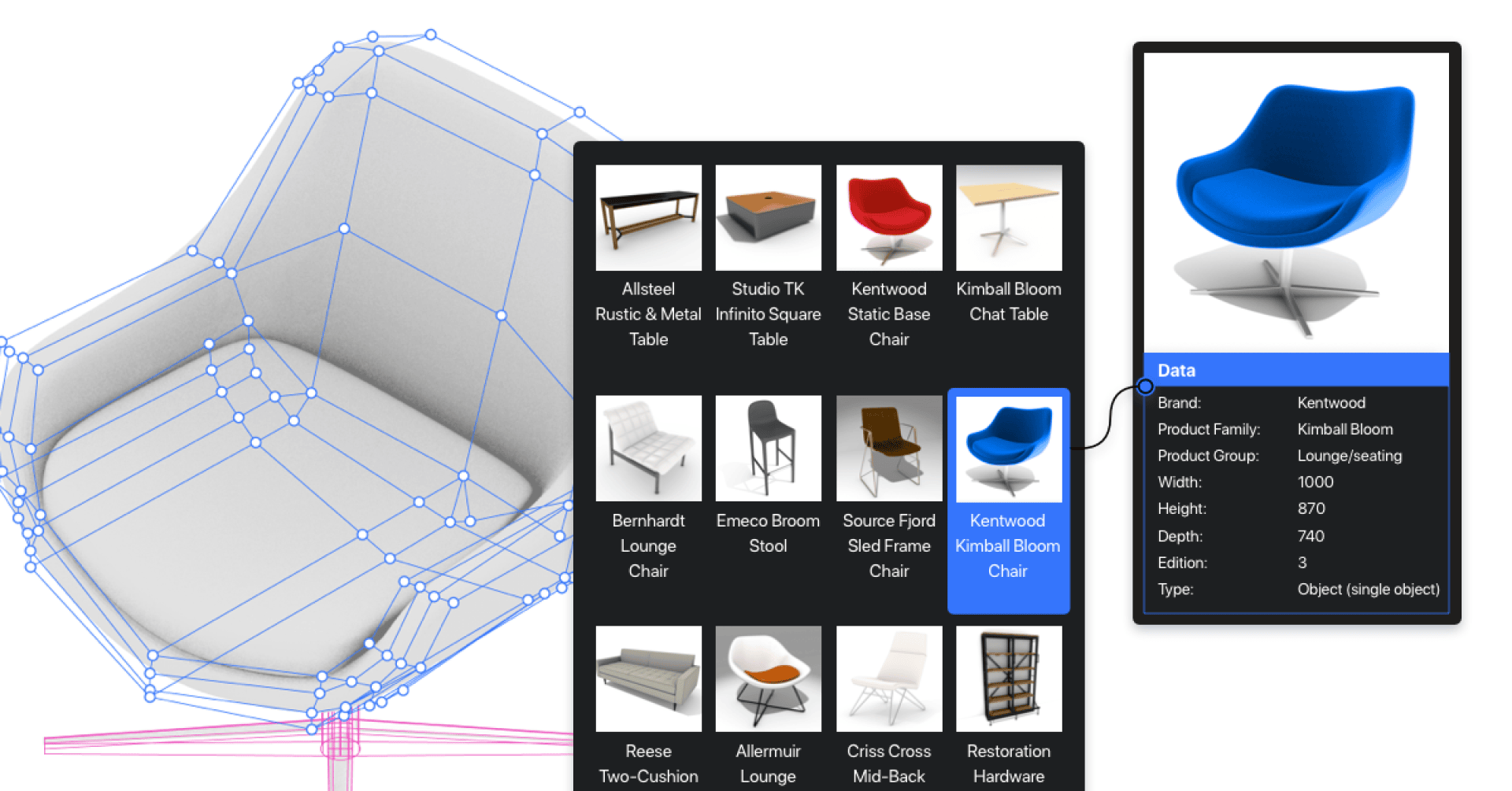 Eine digitale Schnittstelle zeigt einen blauen Stuhl mit Designknoten, ein Möbelauswahlraster mit beschrifteten Optionen und eine Datentafel mit Details für den Kentwood Kimball Bloom Chair.