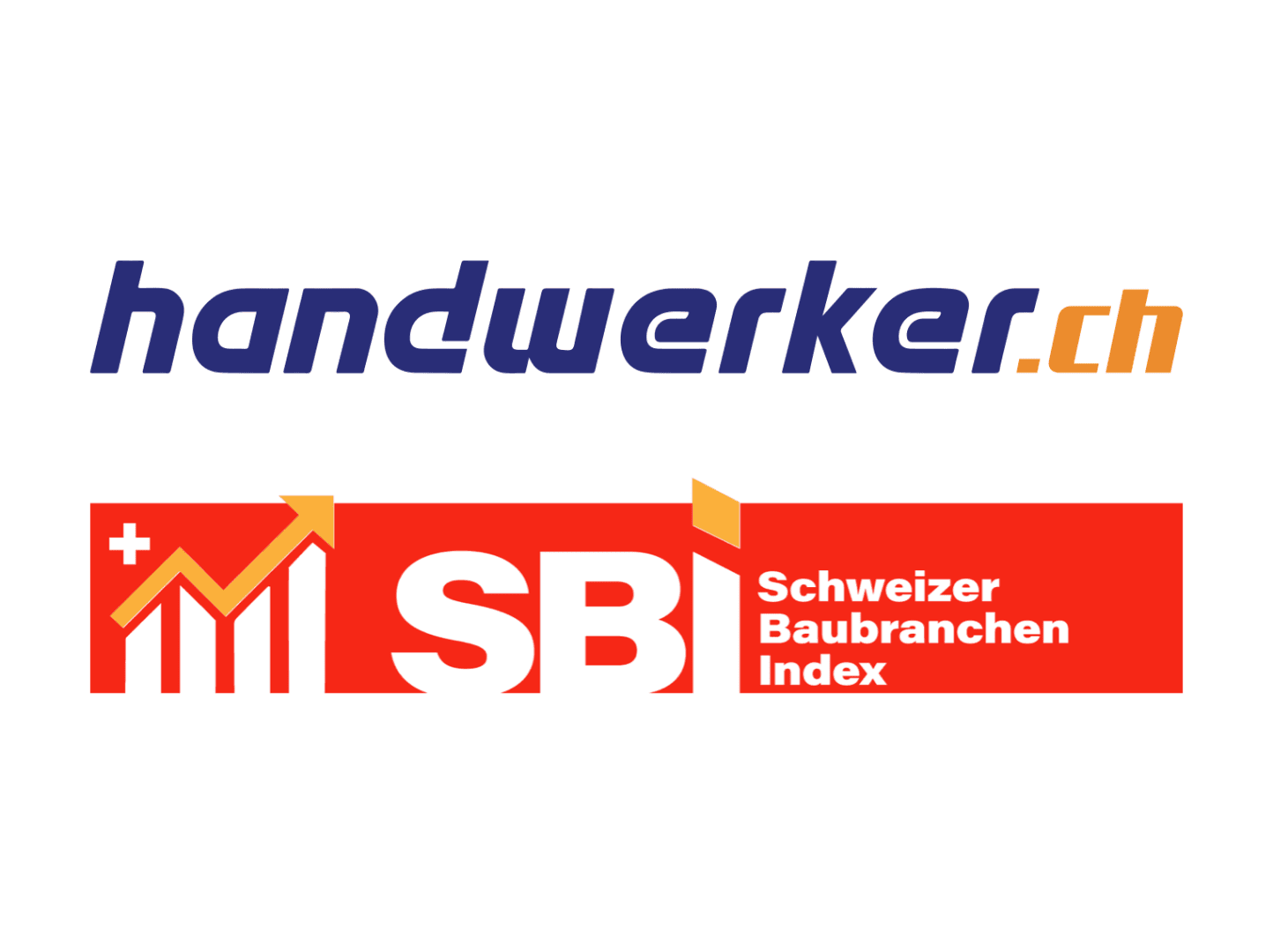 Logo mit handwerker.ch in blauer und oranger Schrift über einem roten Banner mit einer aufsteigenden Grafik und SBI Schweizer Baubranchen Index in weisser und gelber Schrift.