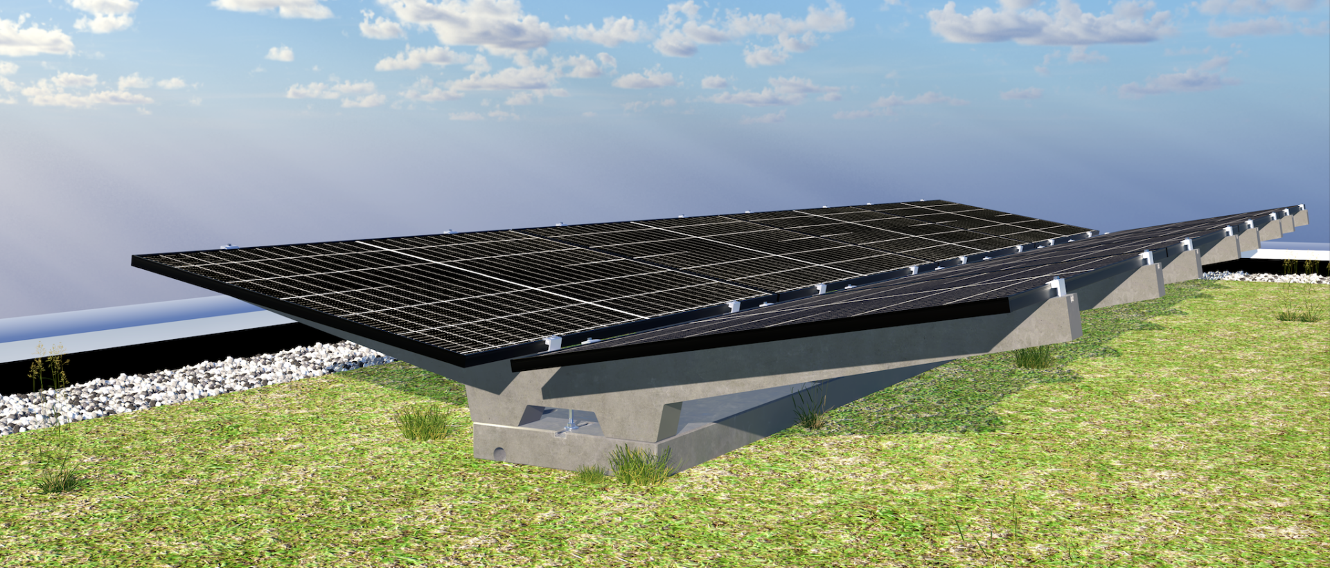 Une grande rangée de panneaux solaires noirs est montée sur une structure en béton posée sur une prairie avec de petits rochers à proximité, sous un ciel bleu avec quelques nuages épars.