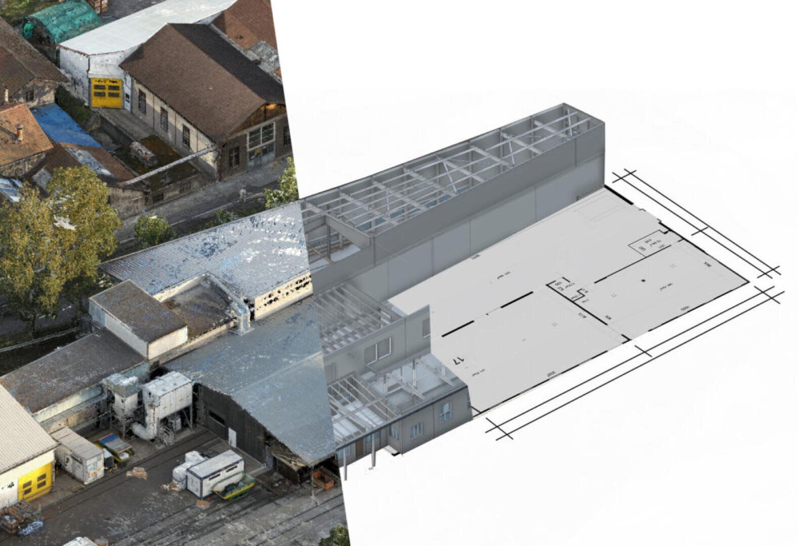 Ein geteiltes Bild, das zur einen Hälfte eine Luftaufnahme eines Industriegebäudes und zur anderen Hälfte einen digitalen architektonischen Grundriss mit einem überlagerten 3D-Modell zeigt, um den Übergang von der realen Struktur zum Entwurfsschema zu veranschaulichen.