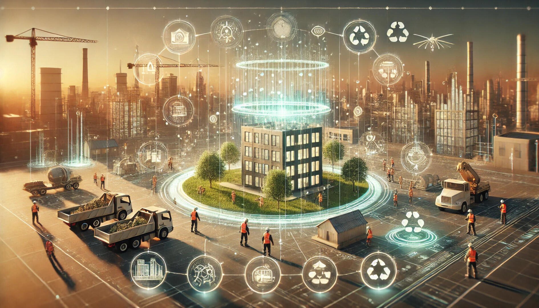 Eine futuristische Stadtlandschaft mit Arbeitern, Lastwagen und Kränen umgibt ein zentrales Gebäude. Digitale Symbole für Nachhaltigkeit, Recycling und Technologie sind überlagert und symbolisieren eine intelligente und umweltfreundliche Stadtentwicklung.