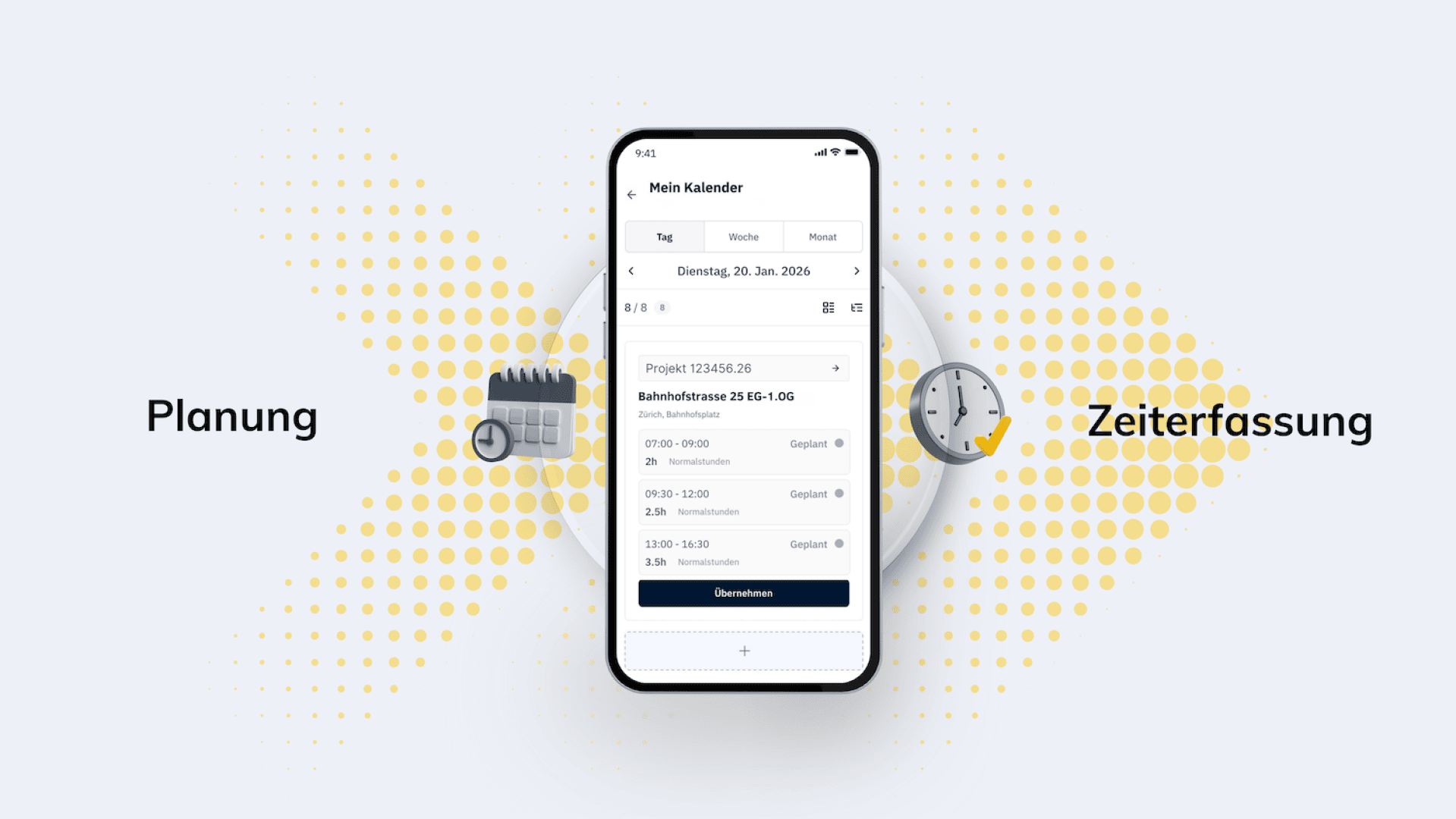 Ein Smartphone zeigt eine Kalender-App mit Zeiteinträgen an. Auf der linken Seite befindet sich ein Symbol für einen Kalender und einen Bleistift mit der Aufschrift Planung. Auf der rechten Seite ist ein Uhrensymbol mit der Aufschrift Zeiterfassung zu sehen. Im Hintergrund befinden sich gelbe gepunktete Akzente.