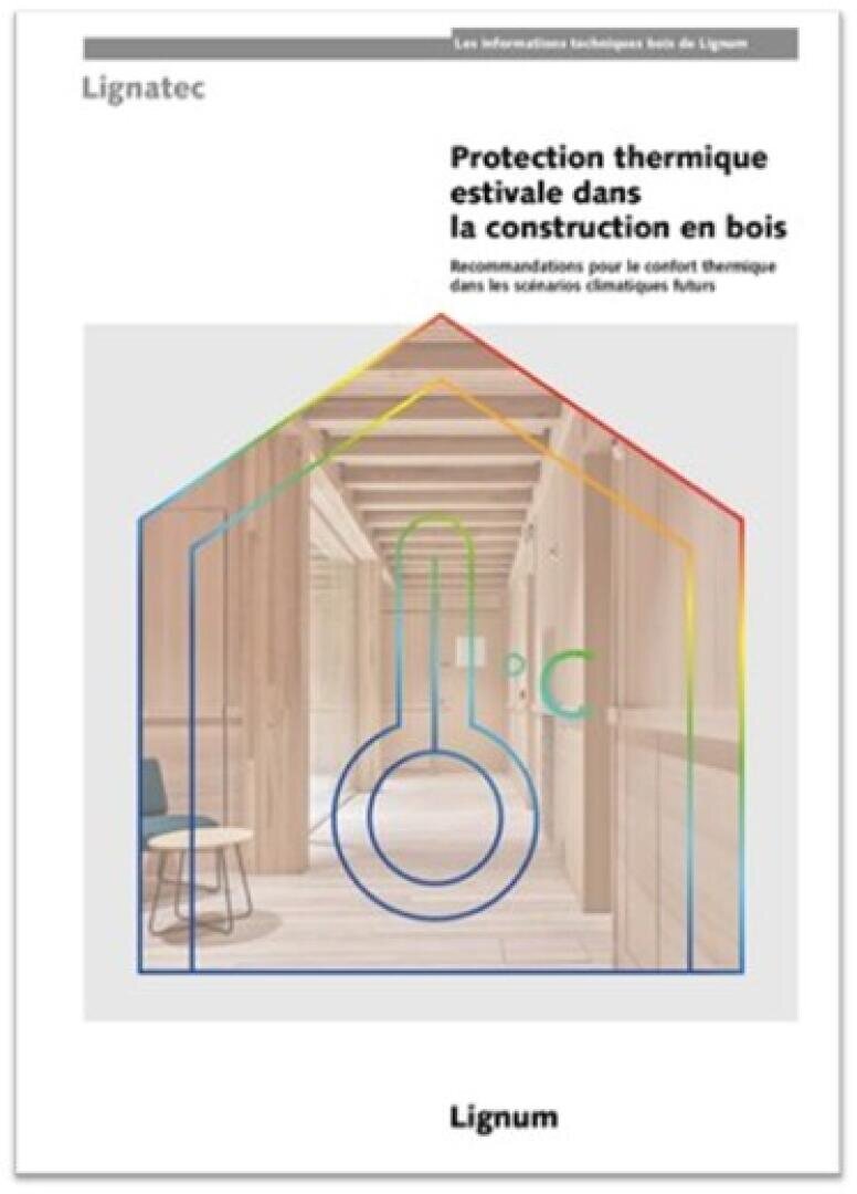 Couverture d'une publication intitulée Protection thermique estivale dans la construction en bois, représentant un intérieur en bois avec une grande icône de thermomètre aux couleurs de l'arc-en-ciel superposée à l'image.