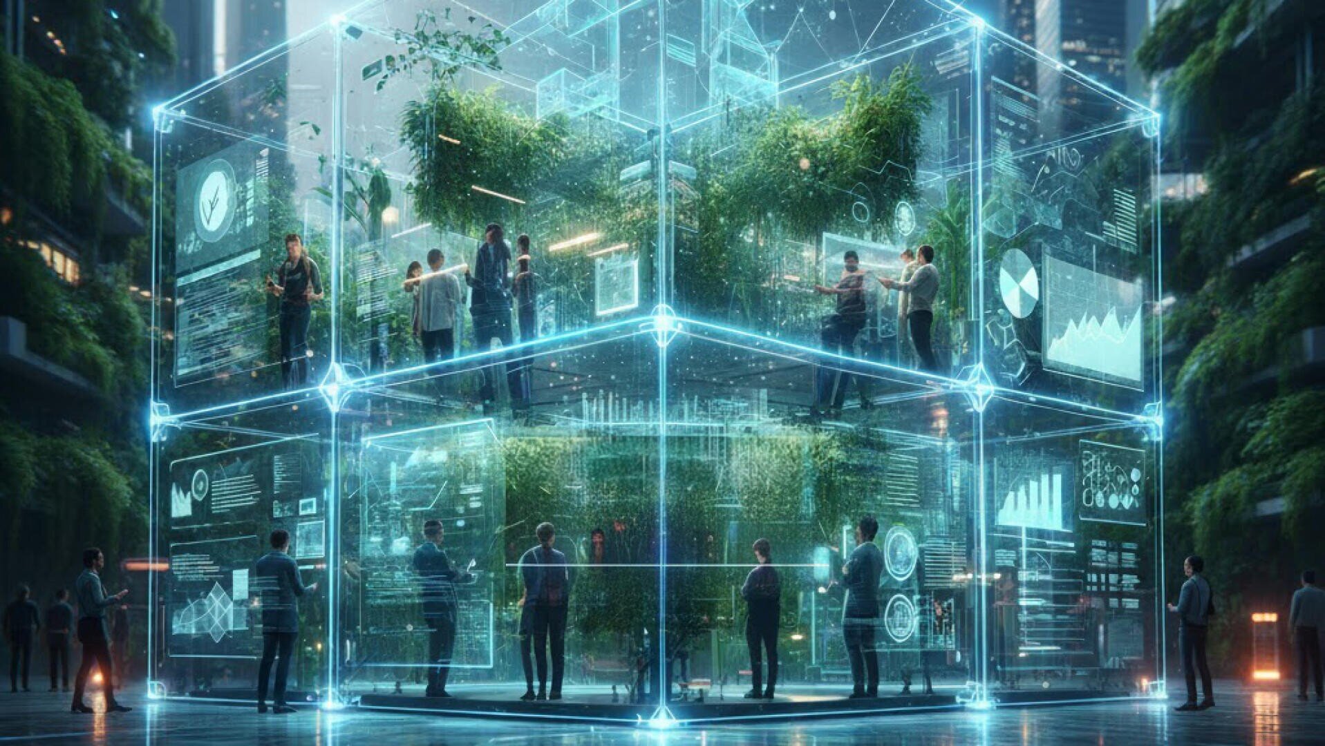 Menschen interagieren mit digitalen Bildschirmen, die ein großes, würfelförmiges Gewächshaus aus Glas umgeben, das mit Pflanzen in einer futuristischen Stadt gefüllt ist und Technologie und Natur miteinander verbindet. Auf den Glastafeln werden Datenvisualisierungen und Diagramme angezeigt.