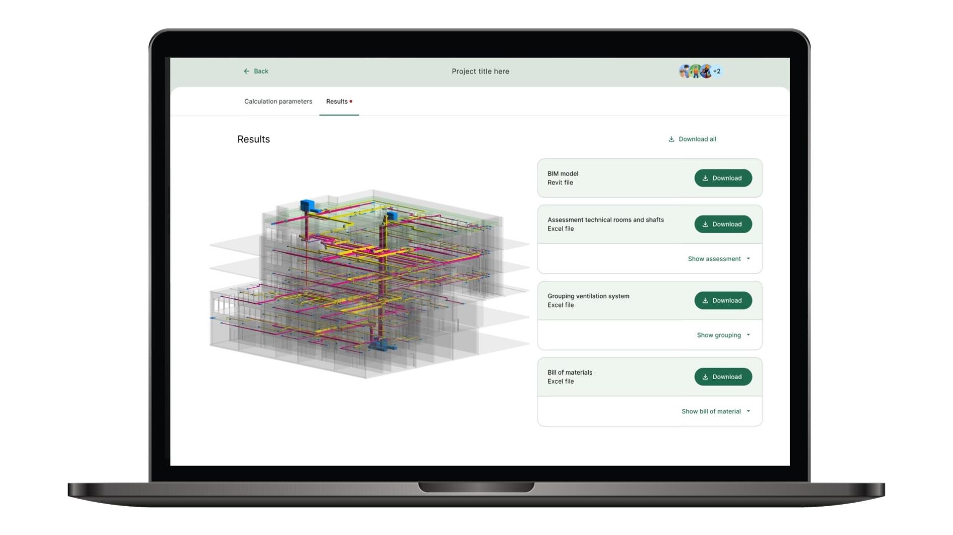 Auf einem Laptop-Bildschirm wird ein 3D-Gebäudemodell mit den sichtbaren internen Systemen und einer Ergebnistafel auf der rechten Seite angezeigt, auf der die herunterladbaren Berichte zu den Lüftungs- und Systembewertungen aufgeführt sind.