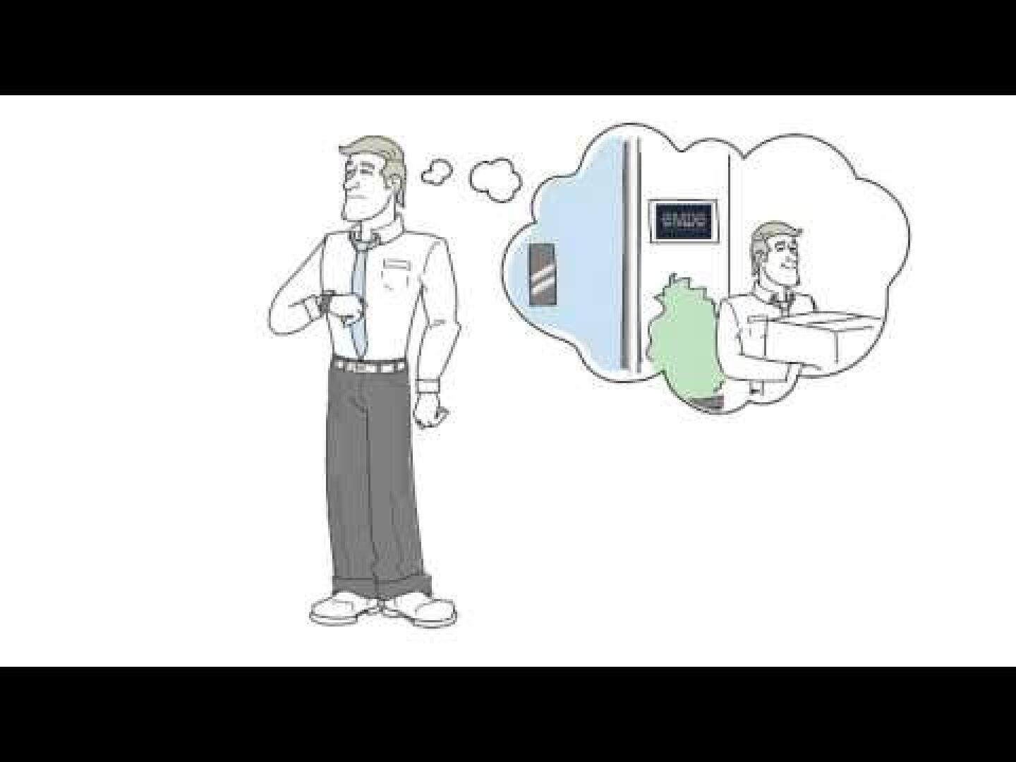 Ein Mann steht mit einer Tasse in der Hand und denkt an sich selbst, wie er an einem Schreibtisch in einem Büro mit einem Schild an der Wand sitzt, wie in einer Gedankenblase über seinem Kopf dargestellt.