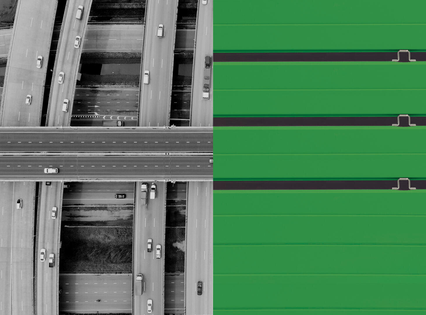 Vertikal geteiltes Luftbild: Die linke Seite zeigt eine schwarz-weiße, befahrene Autobahn mit Autos; die rechte Seite zeigt hellgrüne, vereinfachte grafische Linien, die an leere Fahrbahnen erinnern.