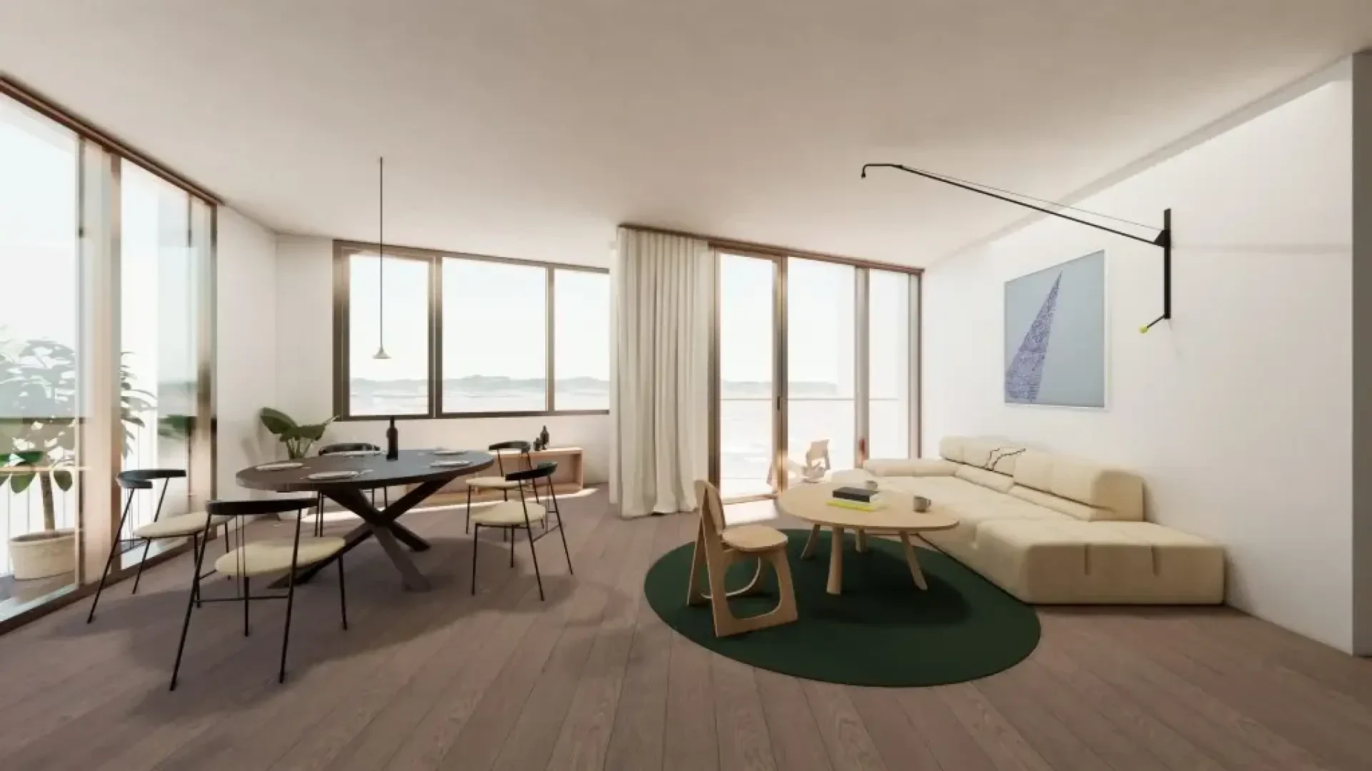 Moderner, minimalistischer Wohn- und Essbereich mit großen Fenstern, Holzböden, rundem Esstisch mit schwarzen Stühlen, cremefarbenem Sektionssofa, rundem grünen Teppich, hellen Holztischen, Wandkunst und viel natürlichem Licht.