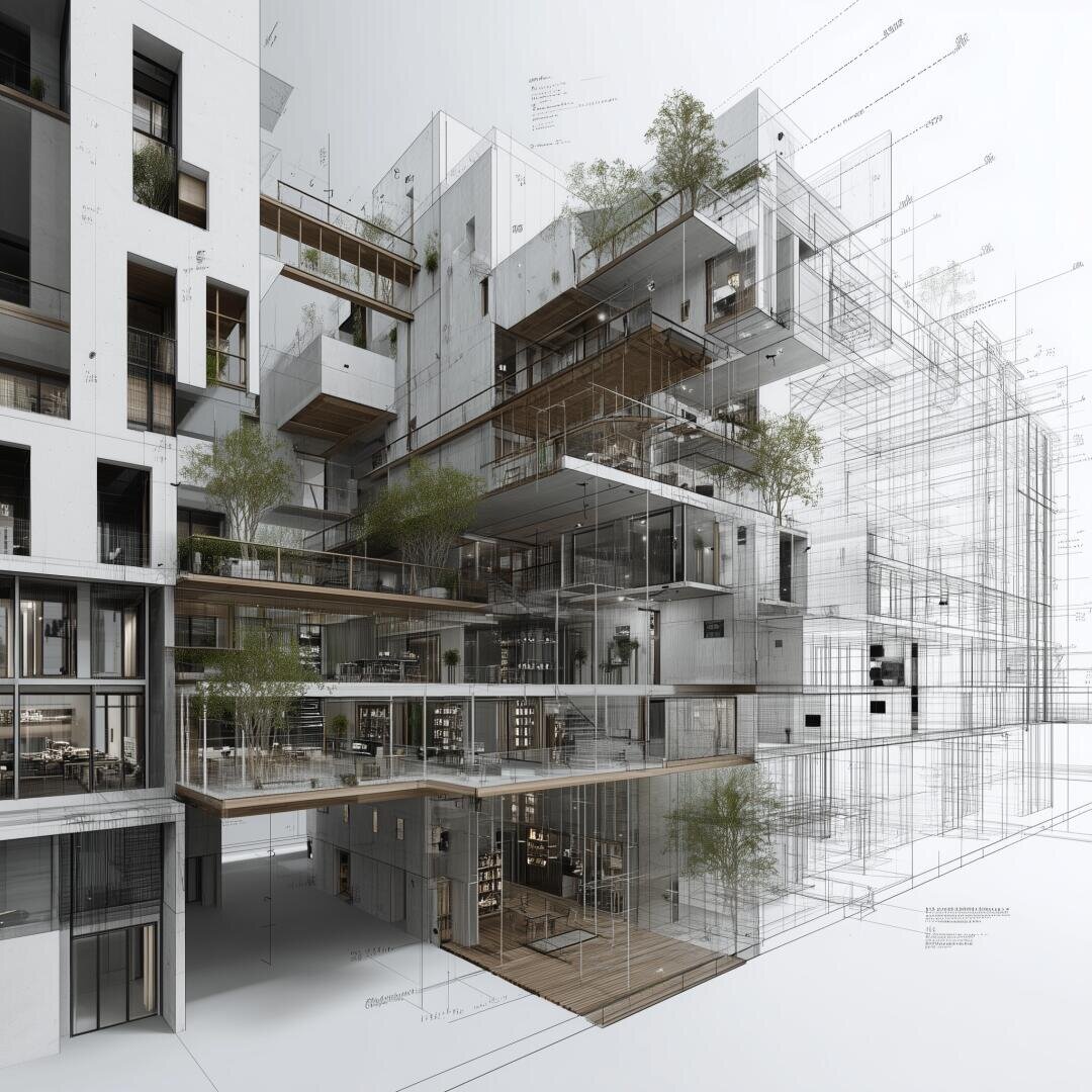 Ein detailliertes architektonisches Rendering eines modernen mehrstöckigen Gebäudes, das realistische Strukturen mit transparenten Drahtgitterelementen verbindet und offene Balkone, Glaswände und Grünflächen auf verschiedenen Ebenen zeigt.