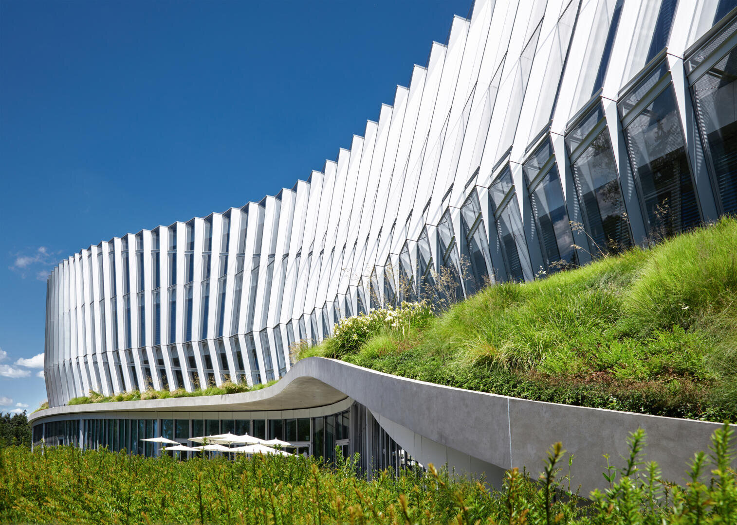 Un bâtiment moderne à la façade blanche ondulée et aux grandes baies vitrées, avec un jardin verdoyant sur le toit et des sièges en plein air, le tout sous un ciel d'un bleu éclatant.
