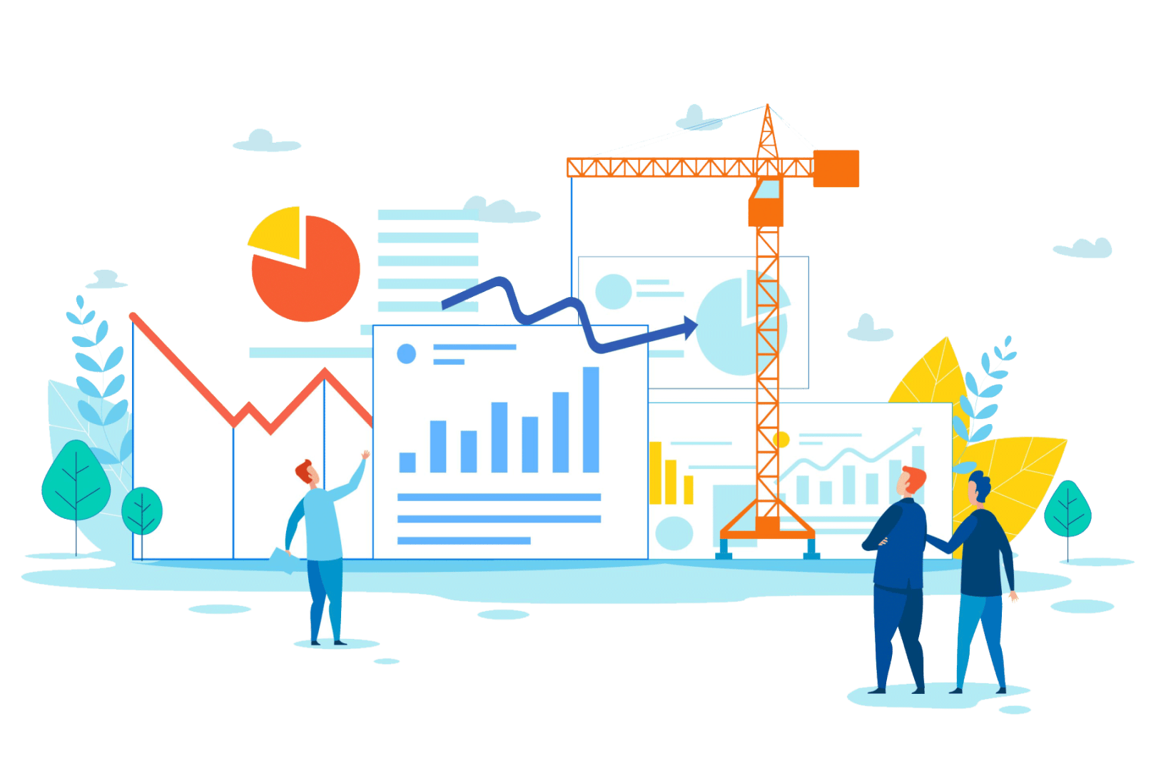 Illustration von Menschen, die Graphen und Diagramme analysieren, mit einem Baukran im Hintergrund, der Geschäftswachstum und Entwicklung symbolisiert. Zwei Personen schütteln sich die Hände, während eine andere auf ein aufsteigendes Balkendiagramm zeigt.