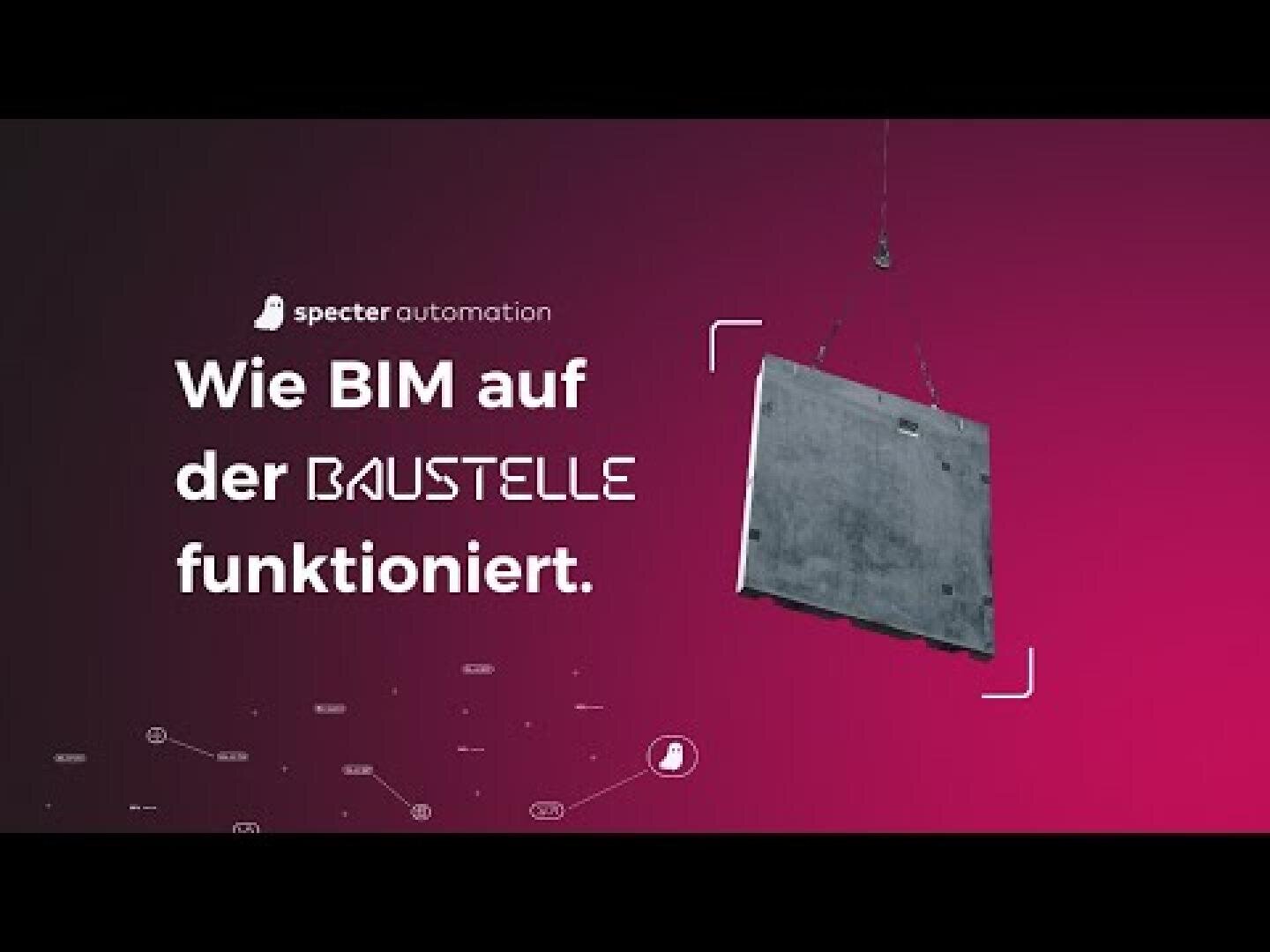 Une plaque de béton grise est suspendue par des câbles sur un fond rose foncé et noir. Le texte blanc en allemand dit "Wie BIM auf der Baustelle funktioniert" (Comment le BIM fonctionne sur le chantier), au-dessus duquel se trouve le logo de specter automation.