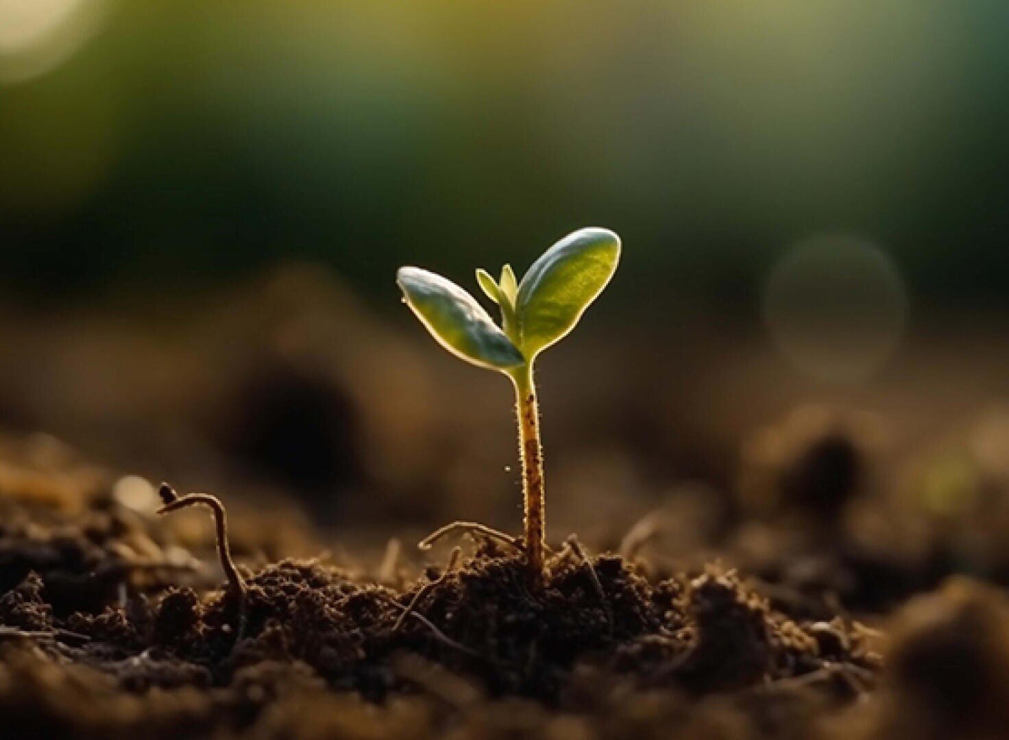 Ein kleiner grüner Keimling mit zwei Blättern taucht aus der reichen, dunklen Erde auf, in sanftes Sonnenlicht getaucht, mit einem verschwommenen, natürlichen Hintergrund.