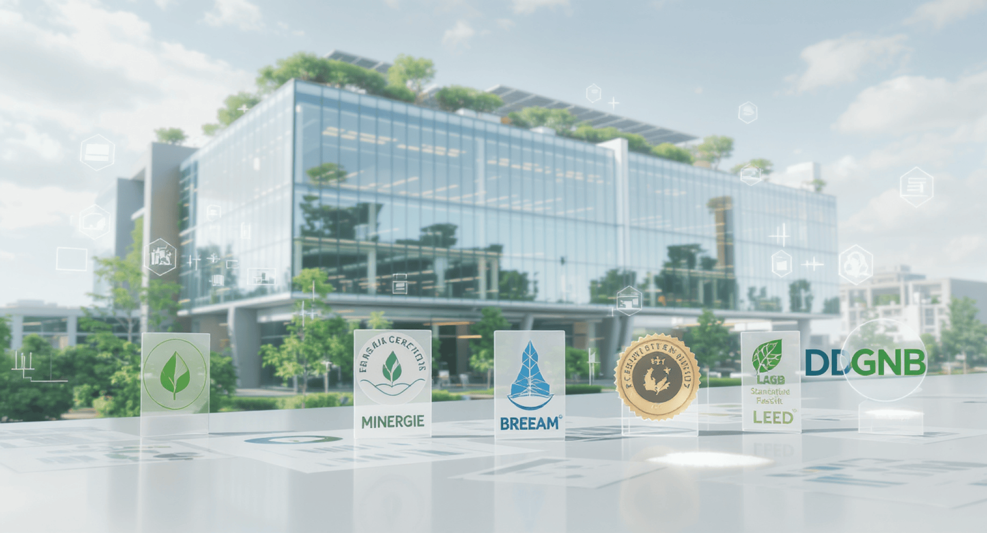 Im Hintergrund ist ein modernes Bürogebäude aus Glas mit begrünten Terrassen zu sehen. Im Vordergrund sind verschiedene Öko-Zertifizierungslogos wie LEED, BREEAM, DGNB und MINERGIE abgebildet, die für nachhaltige Architektur stehen.
