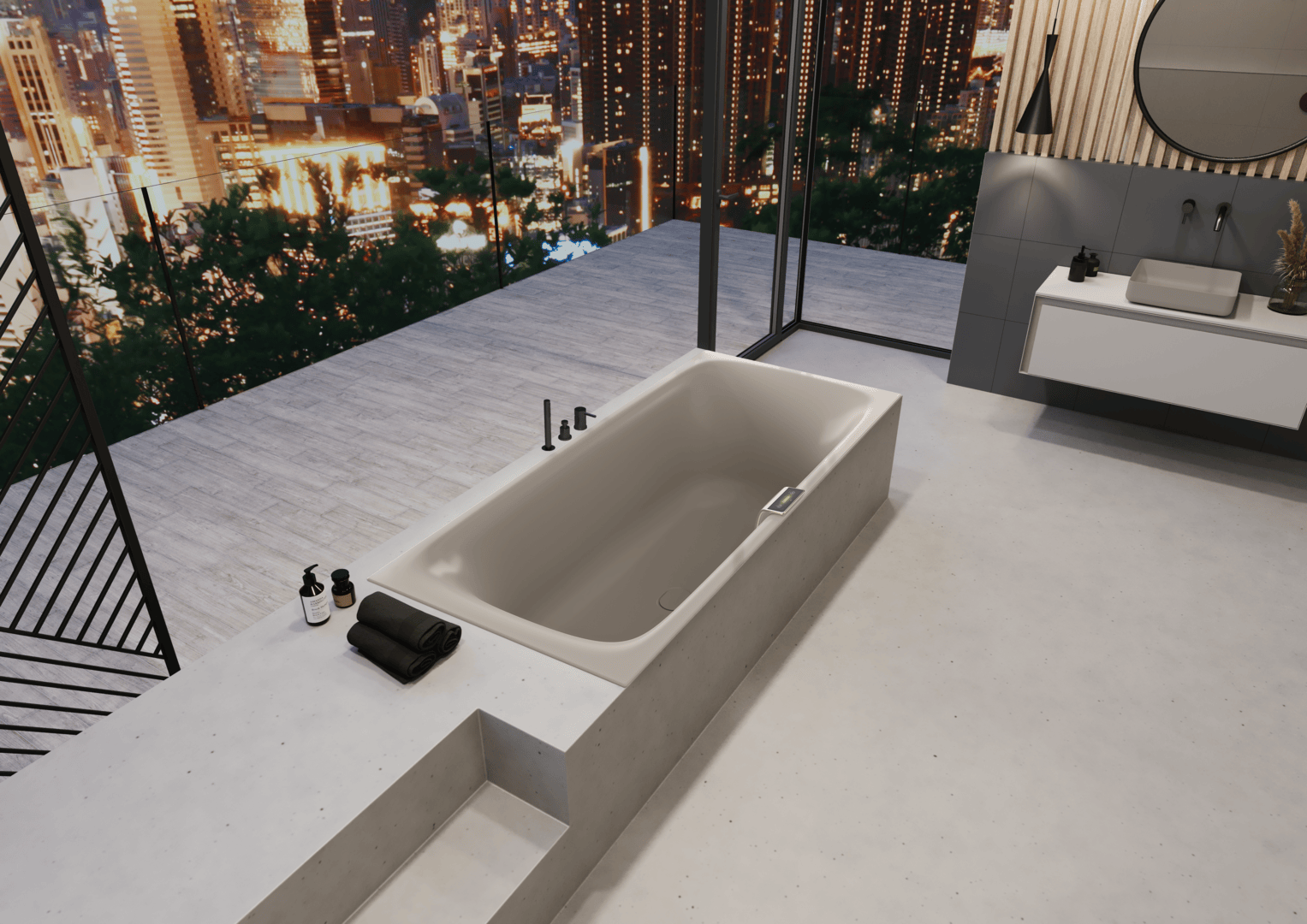 Modernes Badezimmer mit weißer Badewanne und Blick auf die Skyline der Stadt durch große Glasfenster, mit minimalistischem Waschbecken, Handtüchern und Toilettenartikeln auf einem Betonboden.
