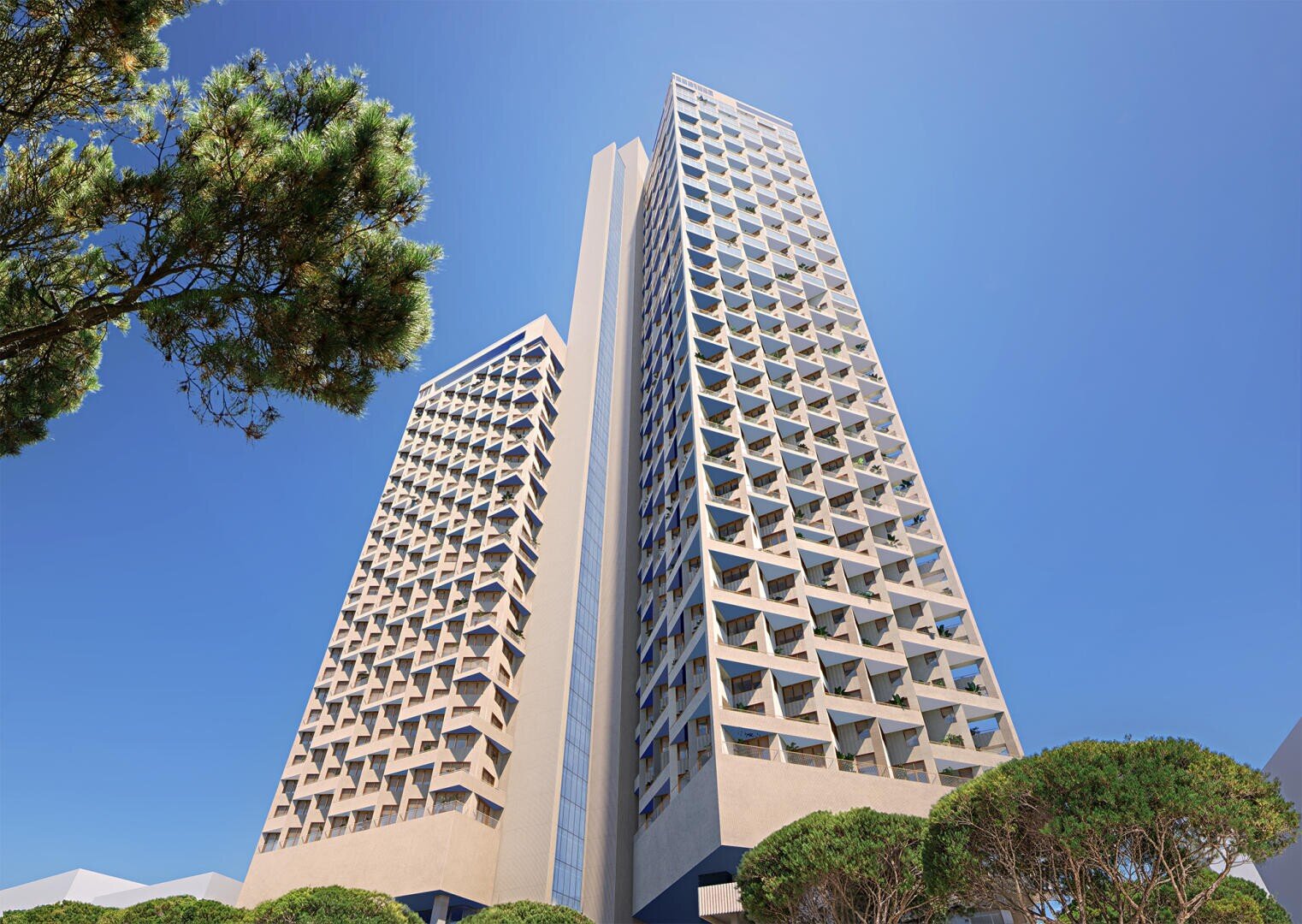 Zwei moderne Hochhäuser mit geometrischen Balkonen stehen vor einem klaren blauen Himmel, umrahmt von grünen Bäumen am Fuß und im Vordergrund.