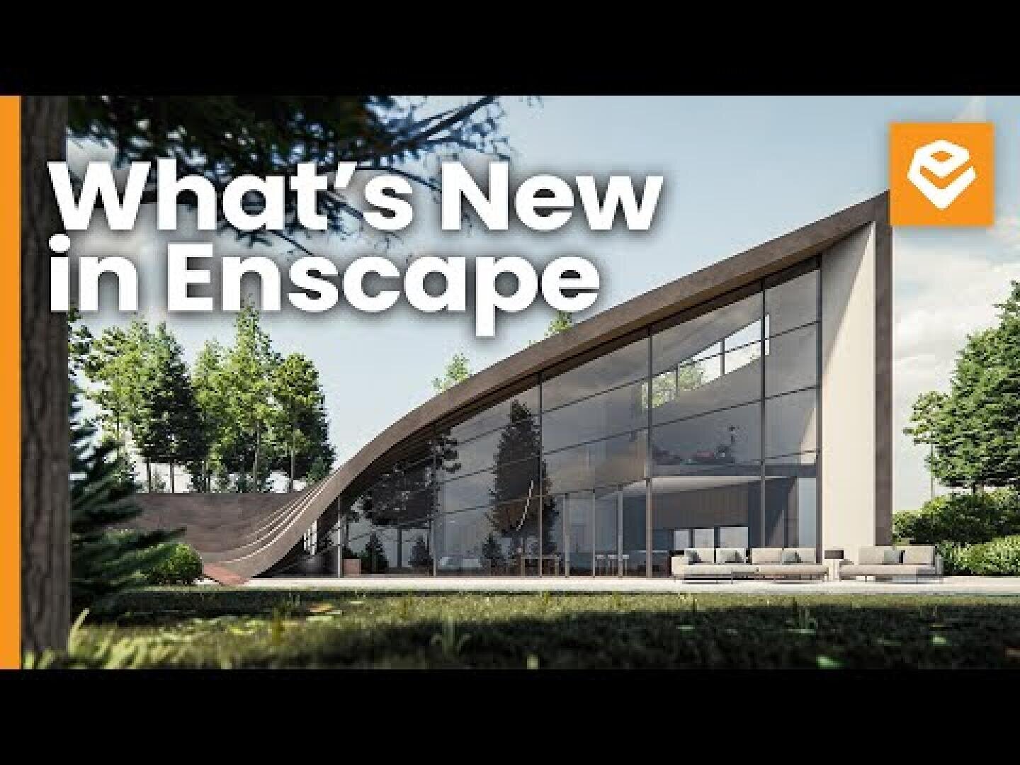 Ein modernes Gebäude mit geschwungenem Dach und großen Glasfenstern steht umgeben von Bäumen. Der weiße Text lautet "Whats New in Enscape" mit einem orangefarbenen Logo in der oberen rechten Ecke.