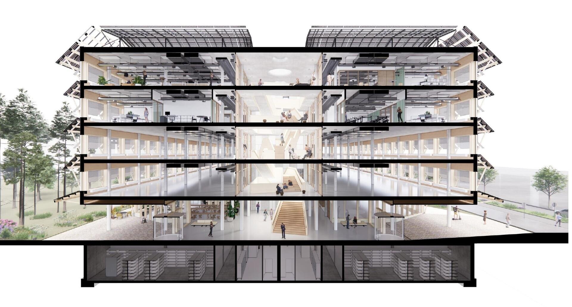 Querschnitt durch ein modernes mehrstöckiges Gebäude mit offenen Arbeitsbereichen, Treppen, Sonnenkollektoren auf dem Dach und vielen Menschen. Das Gebäude verfügt über große Fenster und eine begrünte Umgebung.