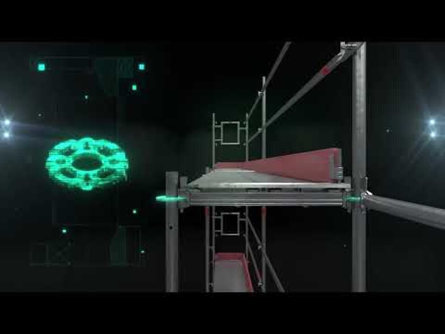 Un rendu numérique d'un échafaudage avec des plates-formes rouges et des cadres métalliques est présenté sur un fond sombre avec, à gauche, un motif circulaire holographique vert lumineux.