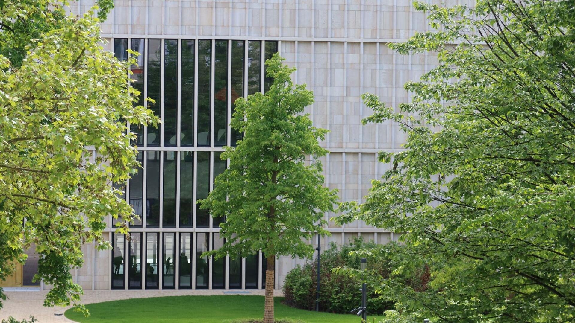 Ein modernes Gebäude mit hohen vertikalen Fenstern, teilweise verdeckt durch grüne, belaubte Bäume und einen gepflegten Rasen im Vordergrund.