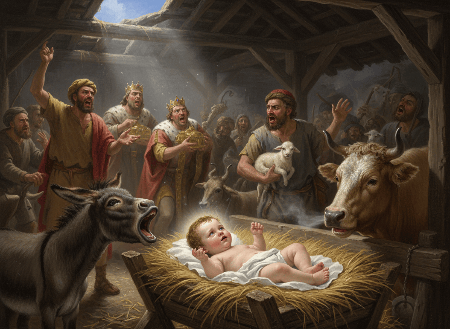 Ein Baby liegt in einer Krippe, umgeben von fröhlichen Menschen, zwei gekrönten Gestalten, einem Mann, der ein Lamm, eine Kuh und einen Esel hält, in einem rustikalen Stall, der von oben beleuchtet wird.