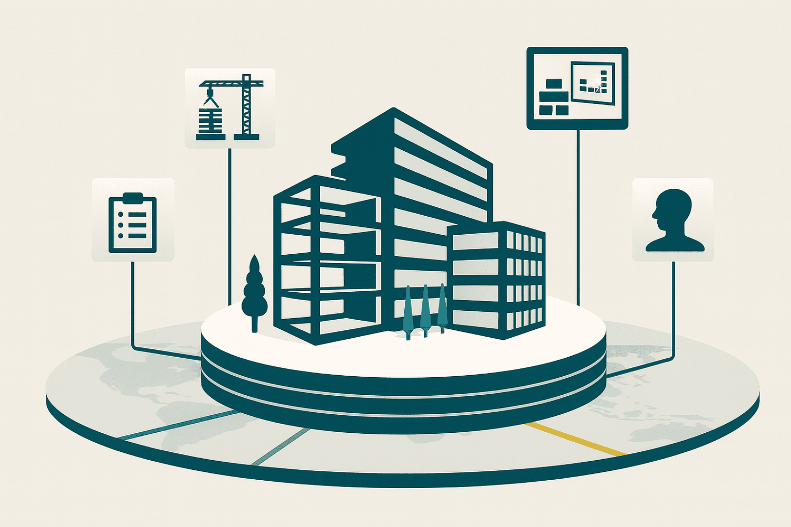 Illustration moderner Gebäude auf einer kreisförmigen Plattform mit sie umgebenden Symbolen, darunter ein Kran, eine Checkliste, ein menschliches Profil und ein digitaler Bildschirm, die für Konstruktion, Planung und Technologieintegration stehen.