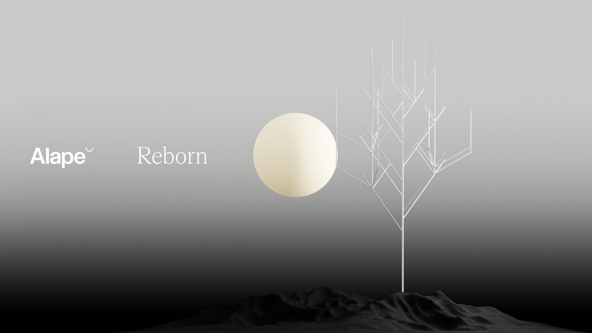 Minimalistisches Bild mit einem weißen geometrischen Baum, einer blassen Kugel, die einer Sonne oder einem Mond ähnelt, und den Worten "Alape Reborn" auf einem Hintergrund mit grauem Farbverlauf über dunklem, unebenem Boden.