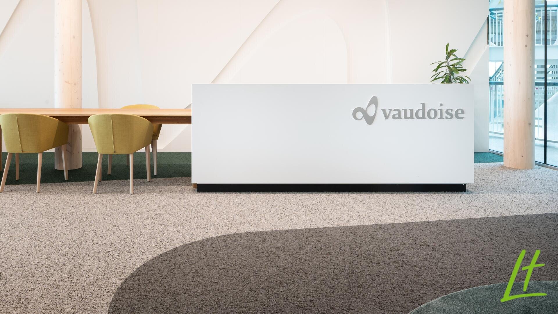 Ein moderner Empfangsbereich mit einem weißen Schreibtisch, auf dem das vaudoise-Logo prangt, grünen Stühlen um einen Holztisch, einer Pflanze und großen Fenstern, die natürliches Licht hereinlassen.