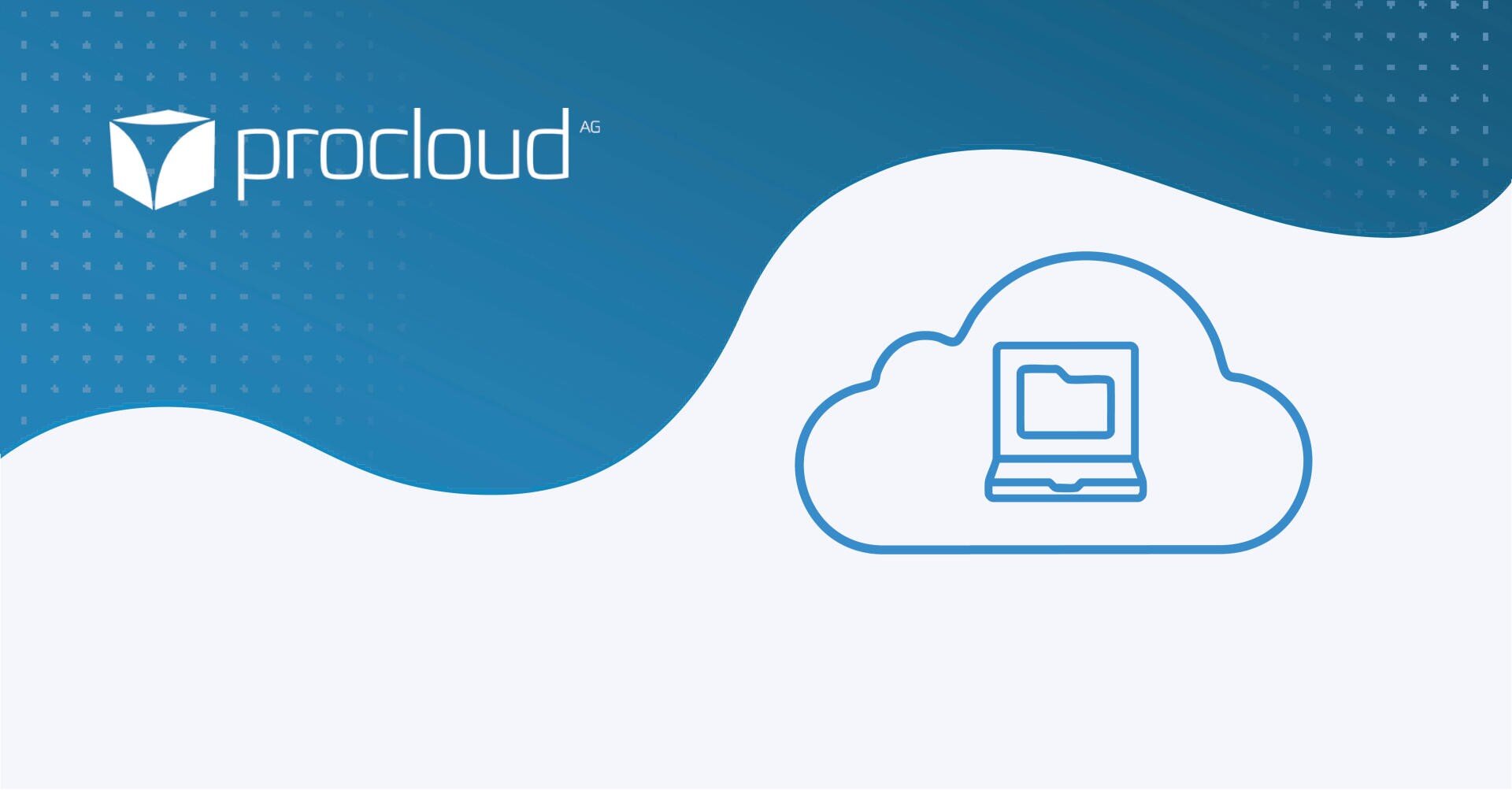 Logo der Procloud AG auf blauem und weißem Hintergrund mit einem Wolkensymbol, das einen Laptop und einen Umriss eines Ordners enthält.