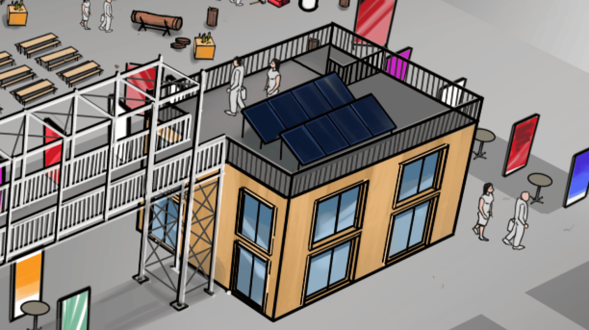 Illustration eines zweistöckigen modularen Gebäudes mit Sonnenkollektoren auf dem Dach, Menschen, die in der Nähe spazieren gehen, bunten Bannern und Sitzgelegenheiten im Freien im Hintergrund. Ein Gehweg verbindet mit der oberen Ebene.