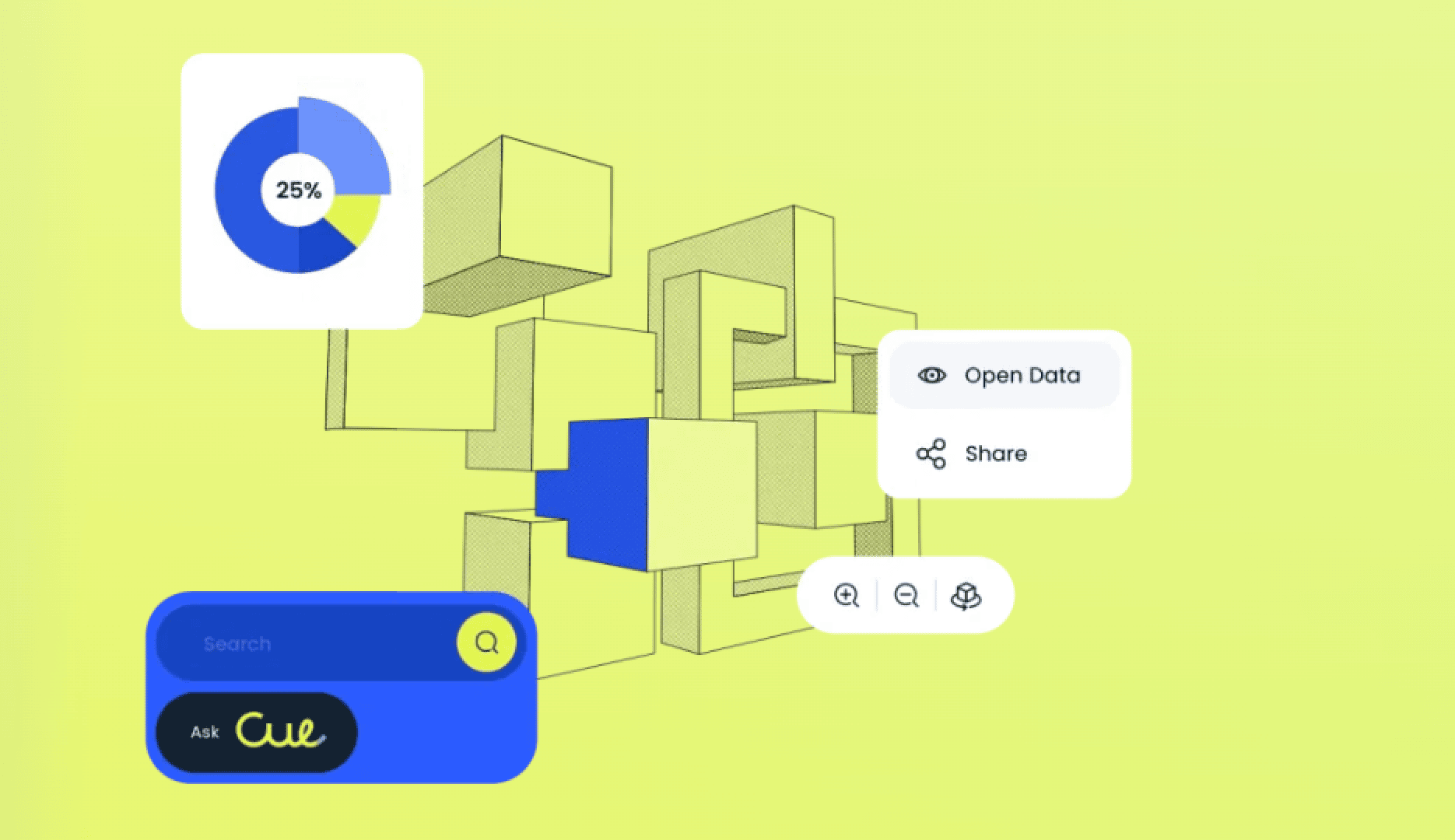 Abstrakte digitale Grafik mit geometrischen 3D-Würfeln, einem blauen und gelben Kreisdiagramm mit 25 %, Symbolen für die gemeinsame Nutzung von Daten und einer blauen Suchleiste mit der Aufschrift Ask Cue auf hellgelbem Hintergrund.