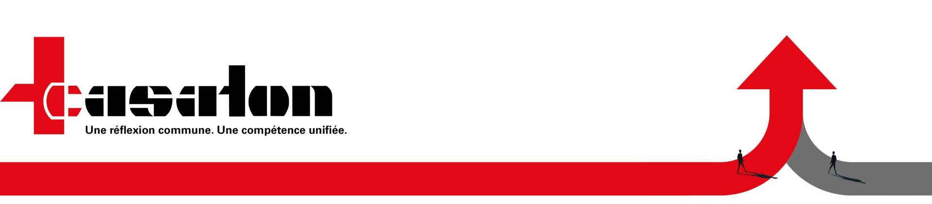 Stilisiertes Logo mit dem Wort Causation, einem Slogan in französischer Sprache und zwei roten Linien, die in einen nach oben gerichteten Pfeil übergehen, mit kleinen Silhouetten von Menschen, die auf den Pfeil zugehen.