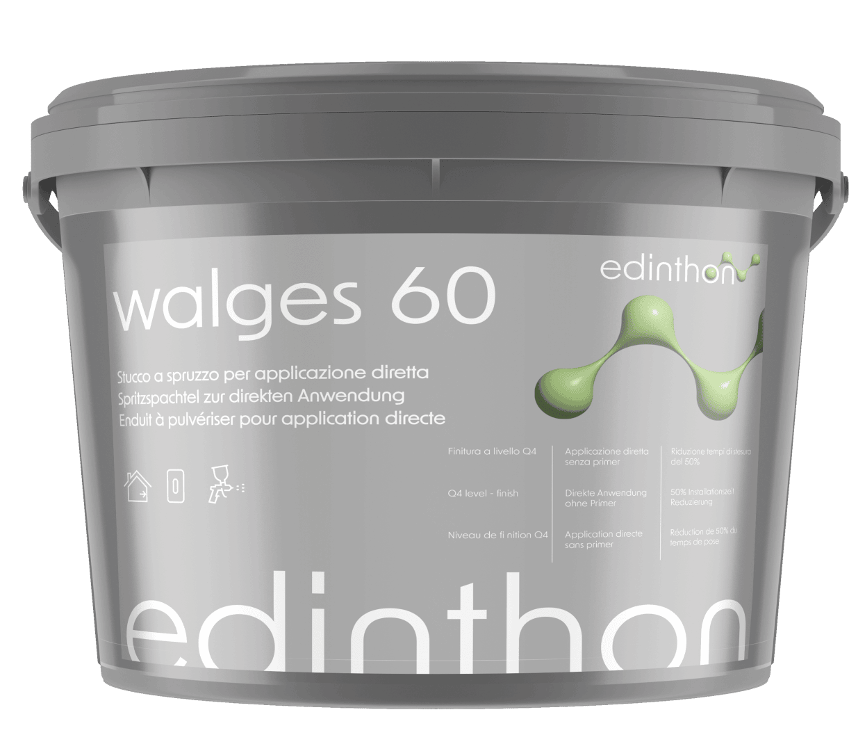 Ein grauer Kunststoffeimer mit der Aufschrift edinthon walges 60 mit mehrsprachigem Text und einer grünen Molekulargrafik. Der Eimer hat einen Griff und ist für die direkte Anwendung von Spritzputz bestimmt.