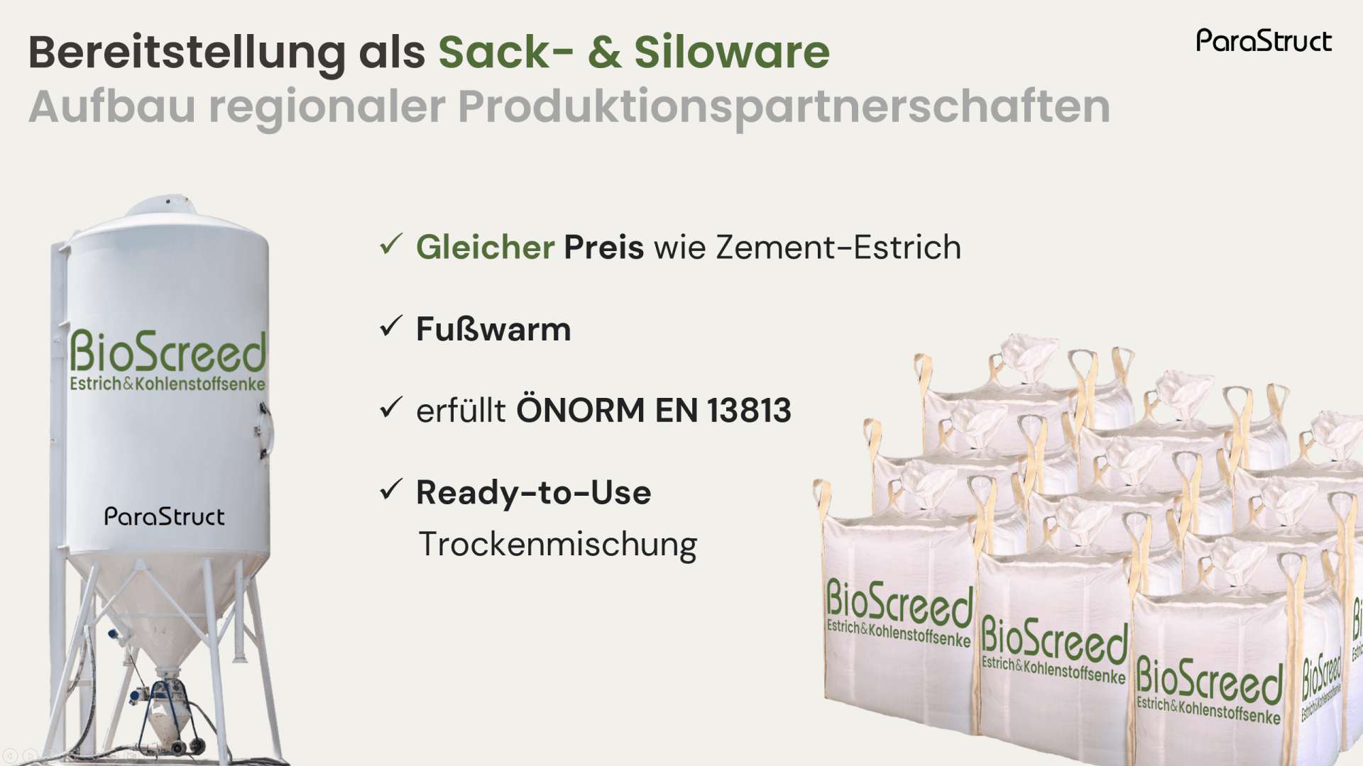 Links steht ein weißes Silo mit der Aufschrift BioScreed, rechts sind mehrere Säcke gestapelt. Der Text hebt die Eigenschaften des Estrichs hervor: gleicher Preis wie Zementestrich, fußwarm, entspricht der ÖNORM EN 13813 und ist eine gebrauchsfertige Trockenmischung.