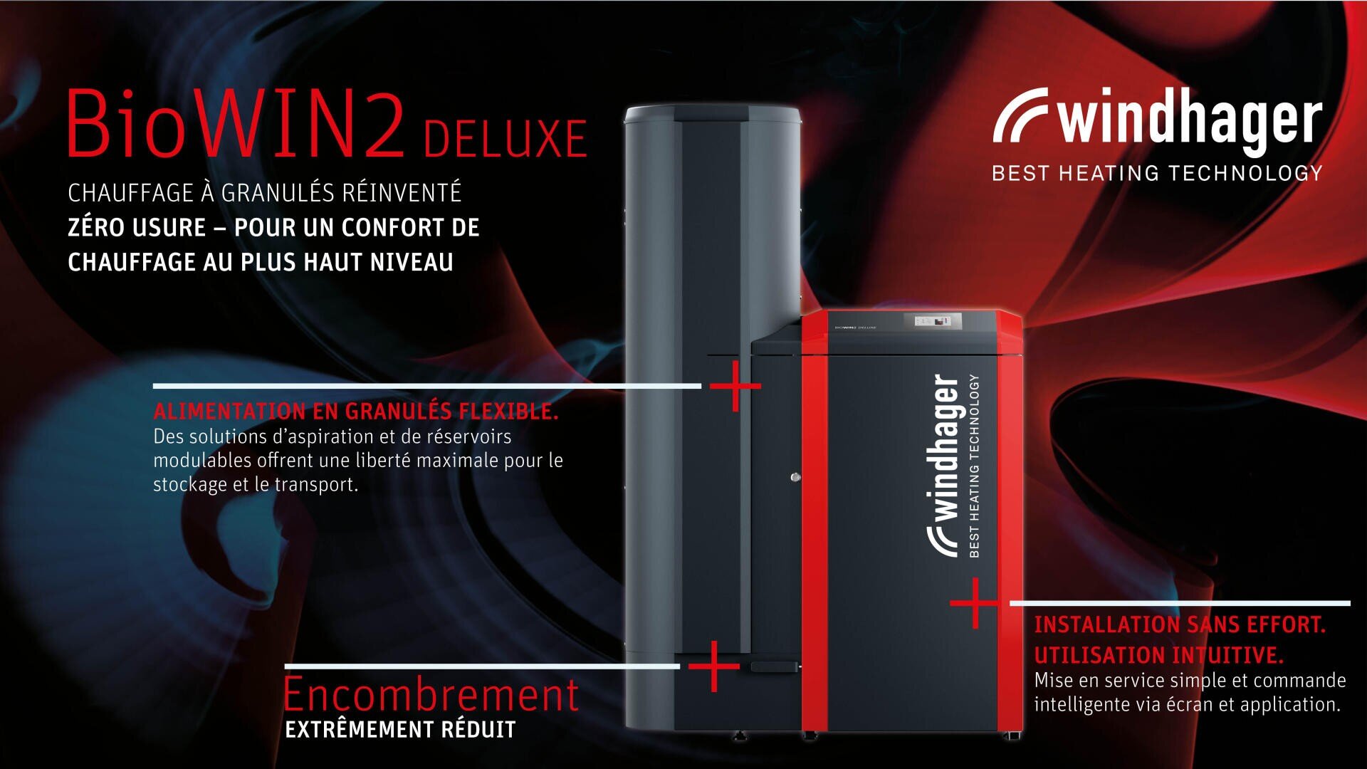 Image promotionnelle pour le système de chauffage à granulés Windhager BioWIN2 Deluxe, montrant deux élégantes unités de chauffage noires et rouges avec un texte en français soulignant les caractéristiques telles que l'absence d'usure, l'alimentation flexible en granulés, la taille compacte et la facilité d'installation.