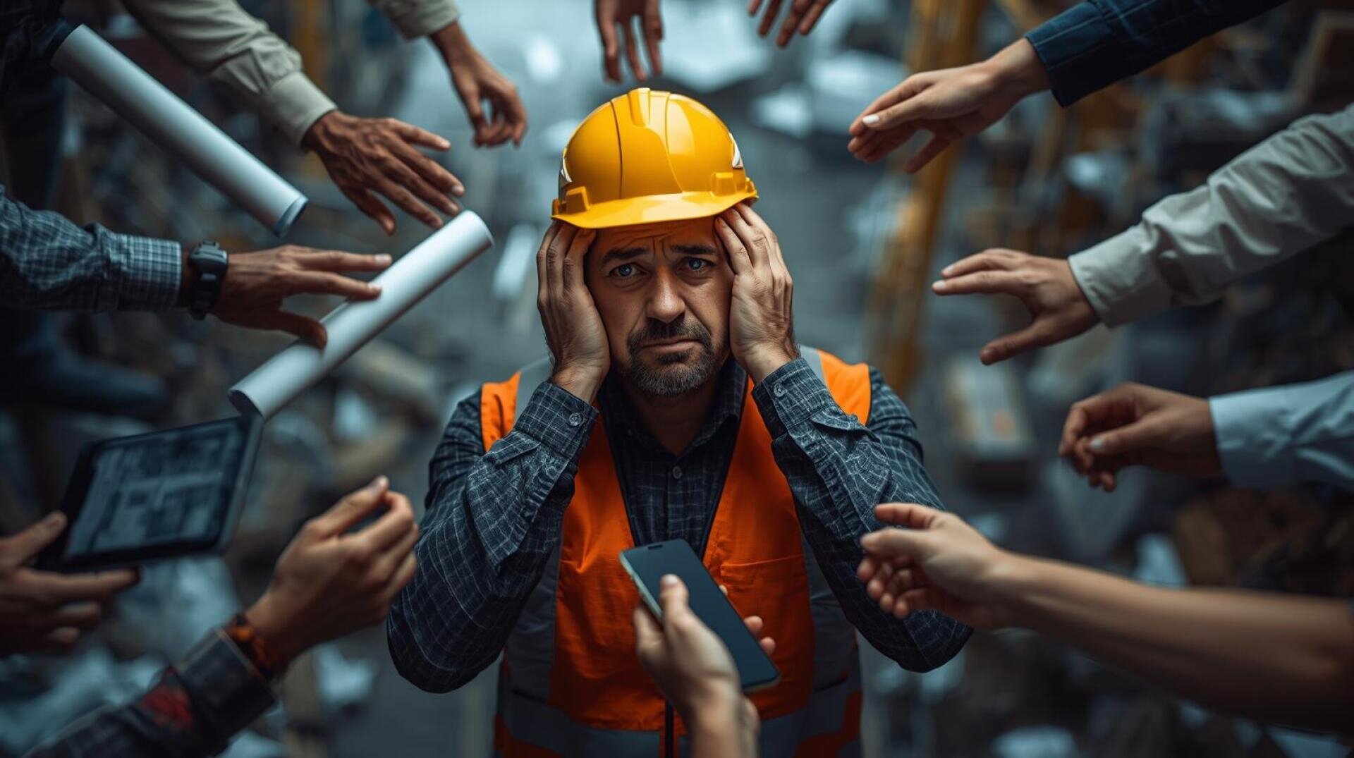 Ein Bauarbeiter mit Schutzhelm und Sicherheitsweste steht gestresst da, hält sich den Kopf und ist umgeben von vielen ausgestreckten Händen, die ihm in einer chaotischen Arbeitsumgebung Dokumente, ein Telefon und ein Tablet reichen.
